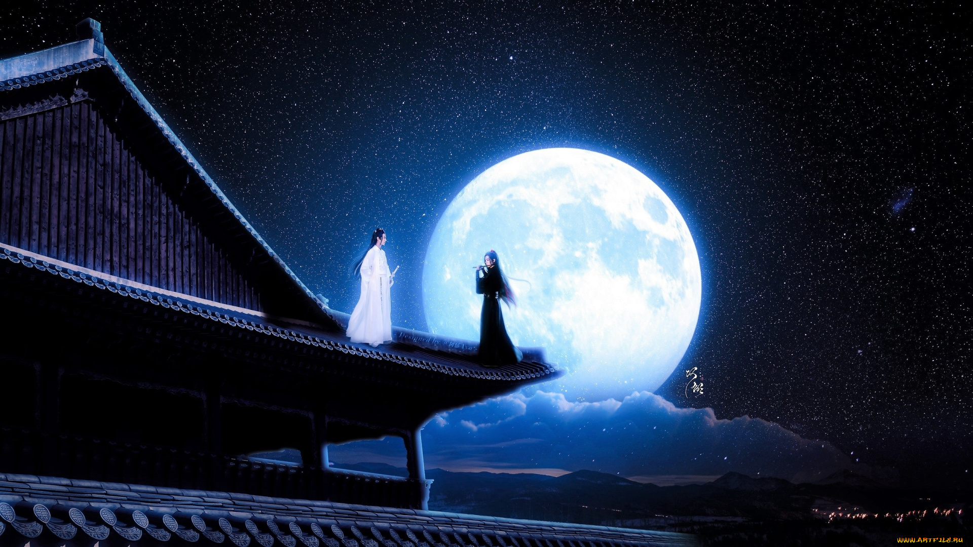 разное, компьютерный, дизайн, вэй, усянь, лань, ванцзы, флейта, крыша, луна
