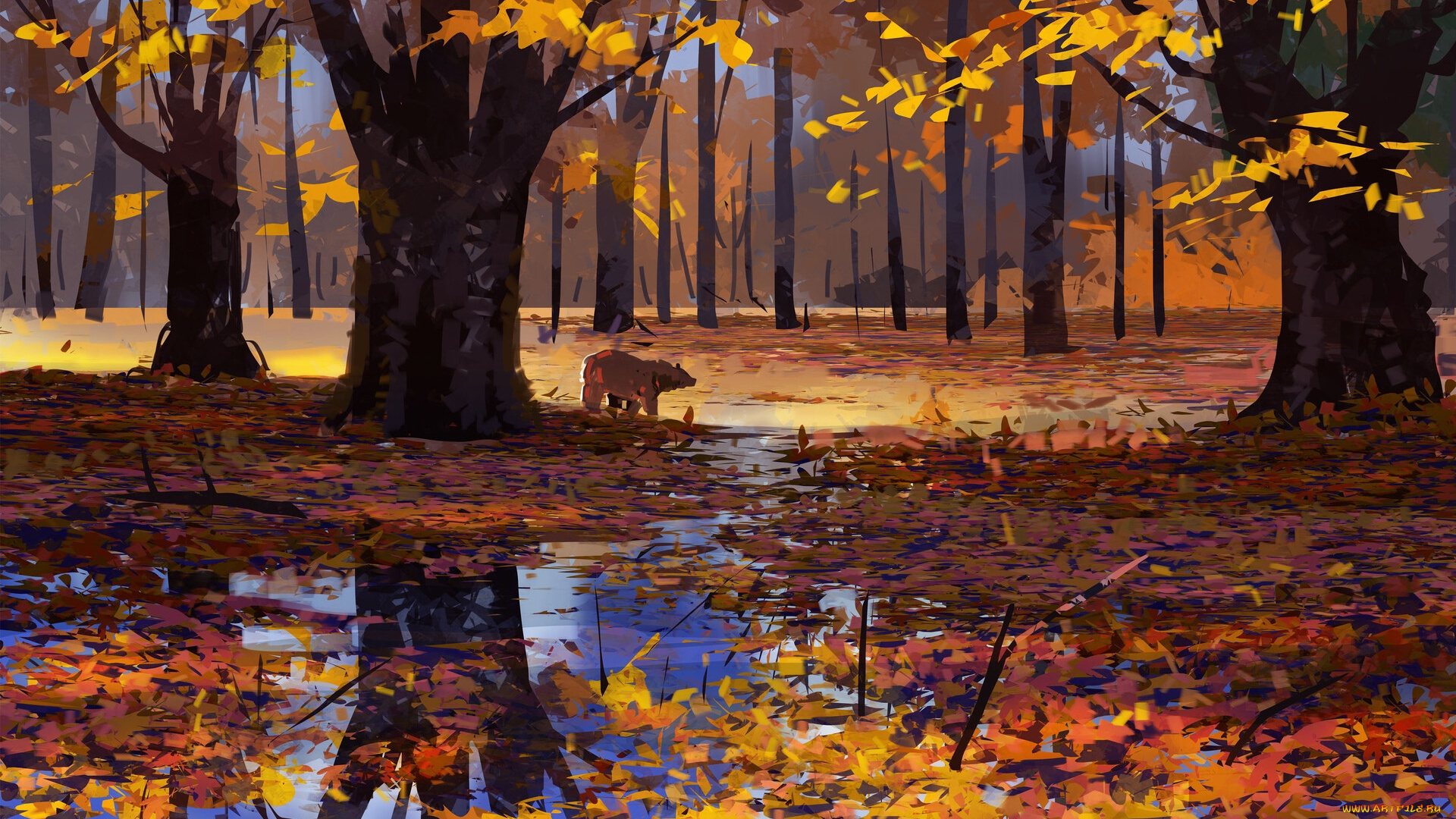 рисованное, животные, , медведи, лес, осень, медведь, лужа