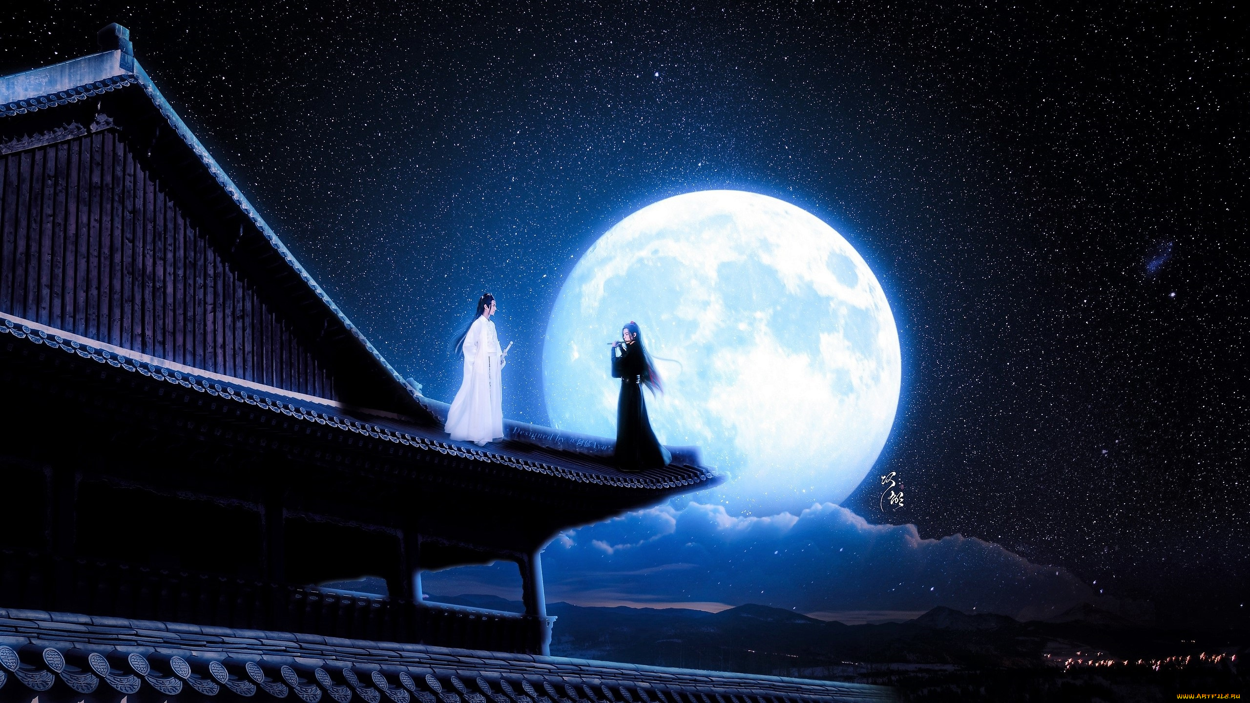 разное, компьютерный, дизайн, вэй, усянь, лань, ванцзы, флейта, крыша, луна