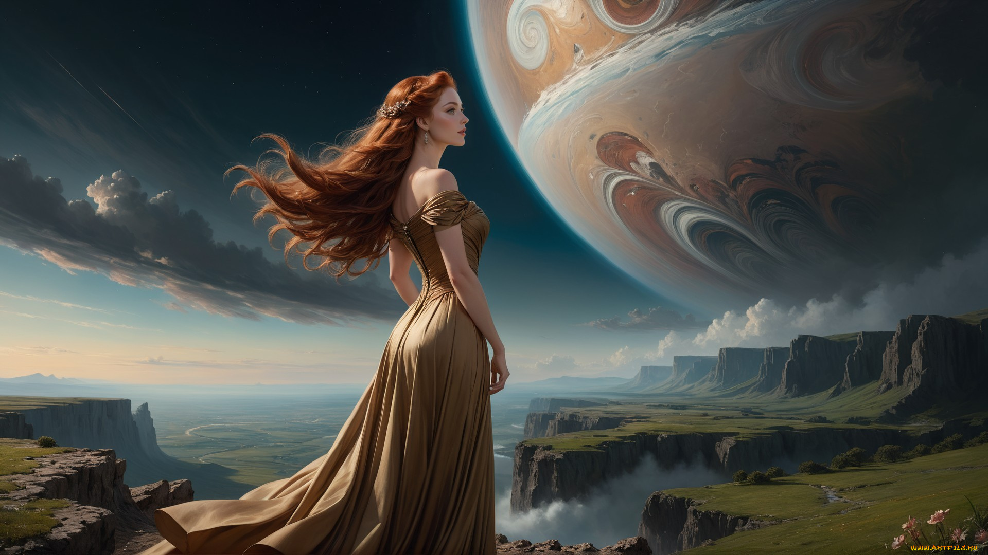 фэнтези, девушки, нейросети, графика, нейроарт, ai, art, нейронные, сети, рисунки, нейро, искусство, нейрографика, graphics, neuroart, neural, networks, drawings, neuro, neurography, девушка, в, платье, стоит, на, фоне, фантастического, пейзажа, с, огромной, планетой