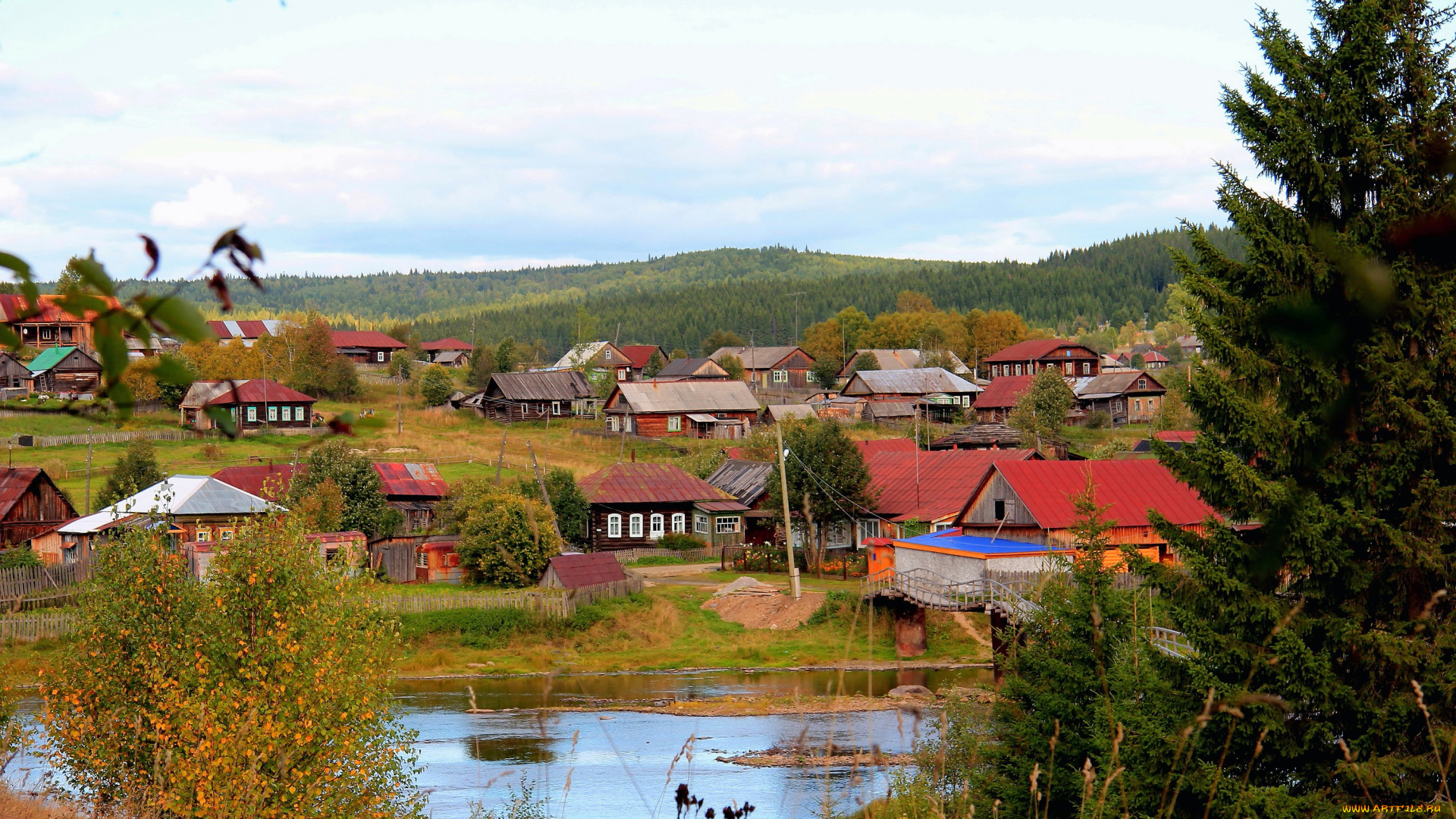 города, -, здания, , дома, россия, дома, река, дeрeвня