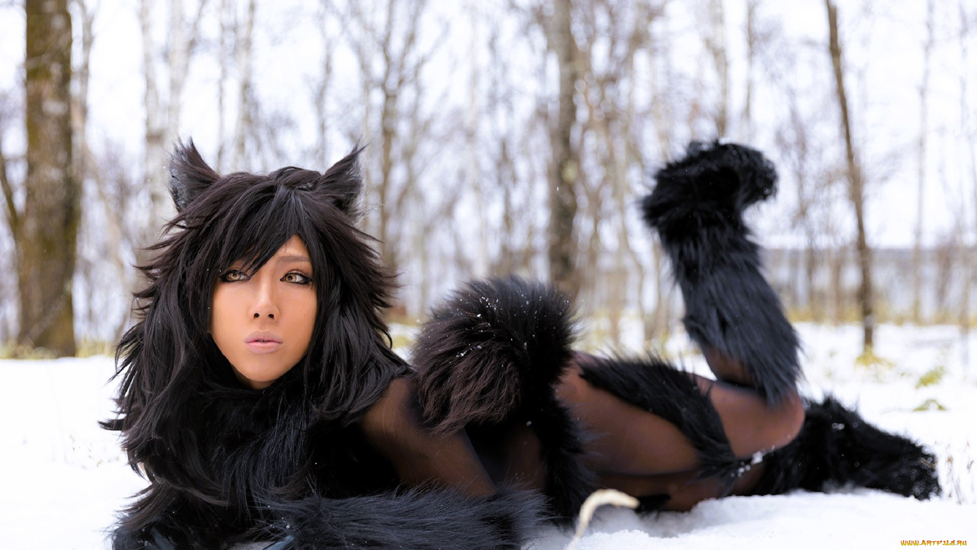 девушки, nonsummerjack, образ, косплей, наряд, костюм, мех, снег, лес, ушки, хвост