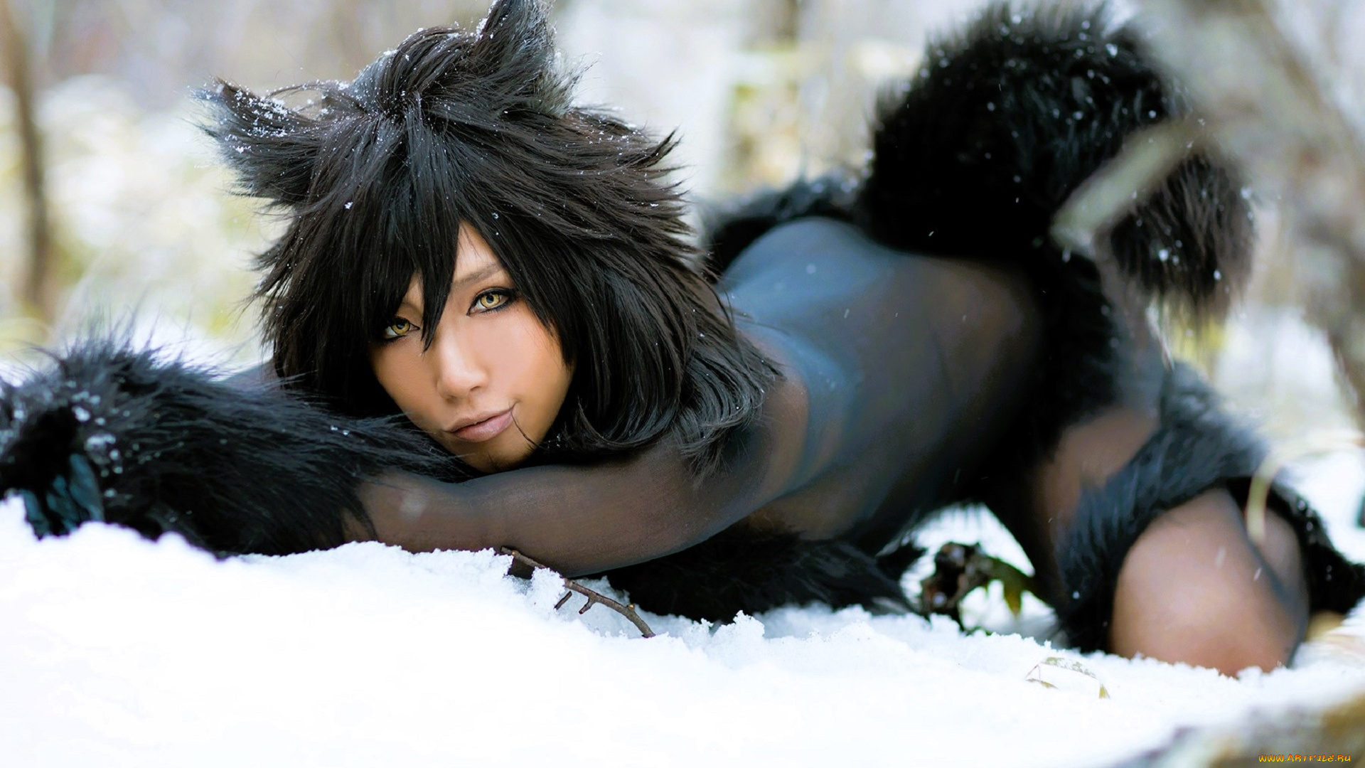 девушки, nonsummerjack, образ, косплей, наряд, костюм, мех, снег, лес, ушки, хвост