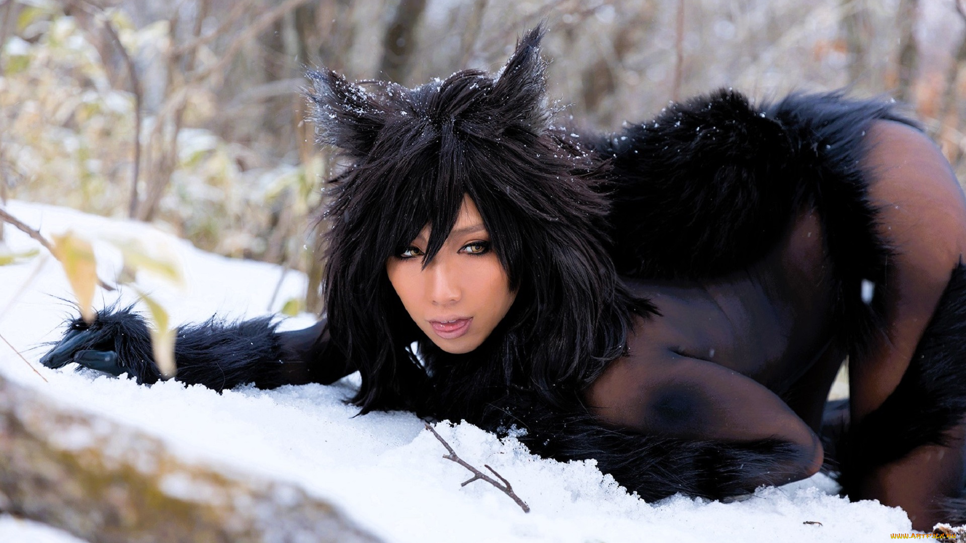 девушки, nonsummerjack, образ, косплей, наряд, костюм, мех, снег, лес, ушки, хвост