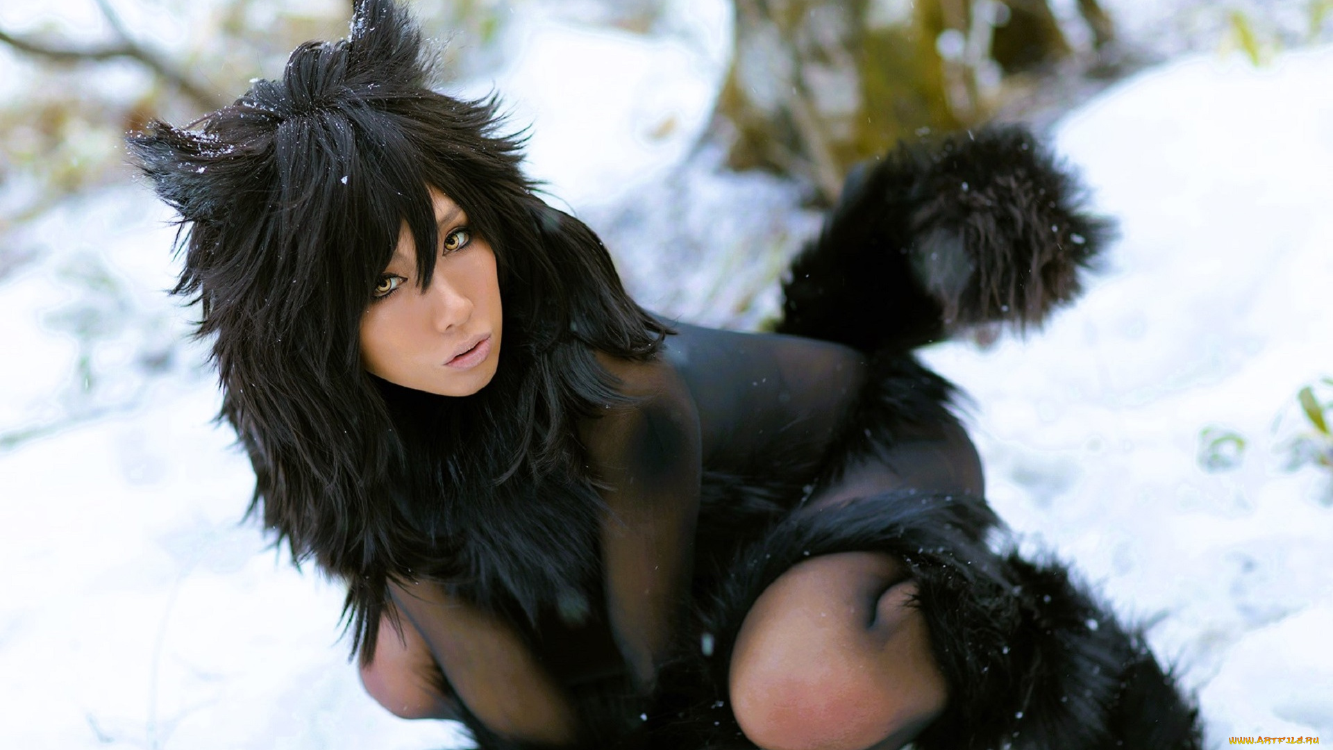 девушки, nonsummerjack, образ, косплей, наряд, костюм, мех, снег, лес, ушки, хвост