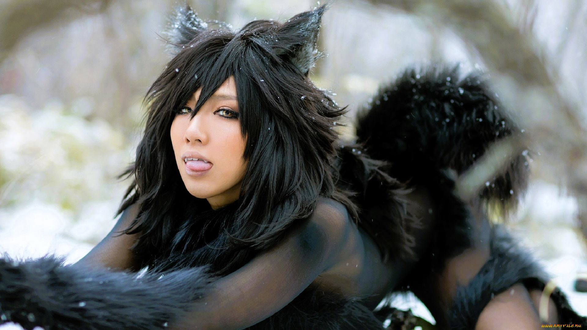 девушки, nonsummerjack, образ, косплей, наряд, костюм, мех, снег, лес, ушки, хвост