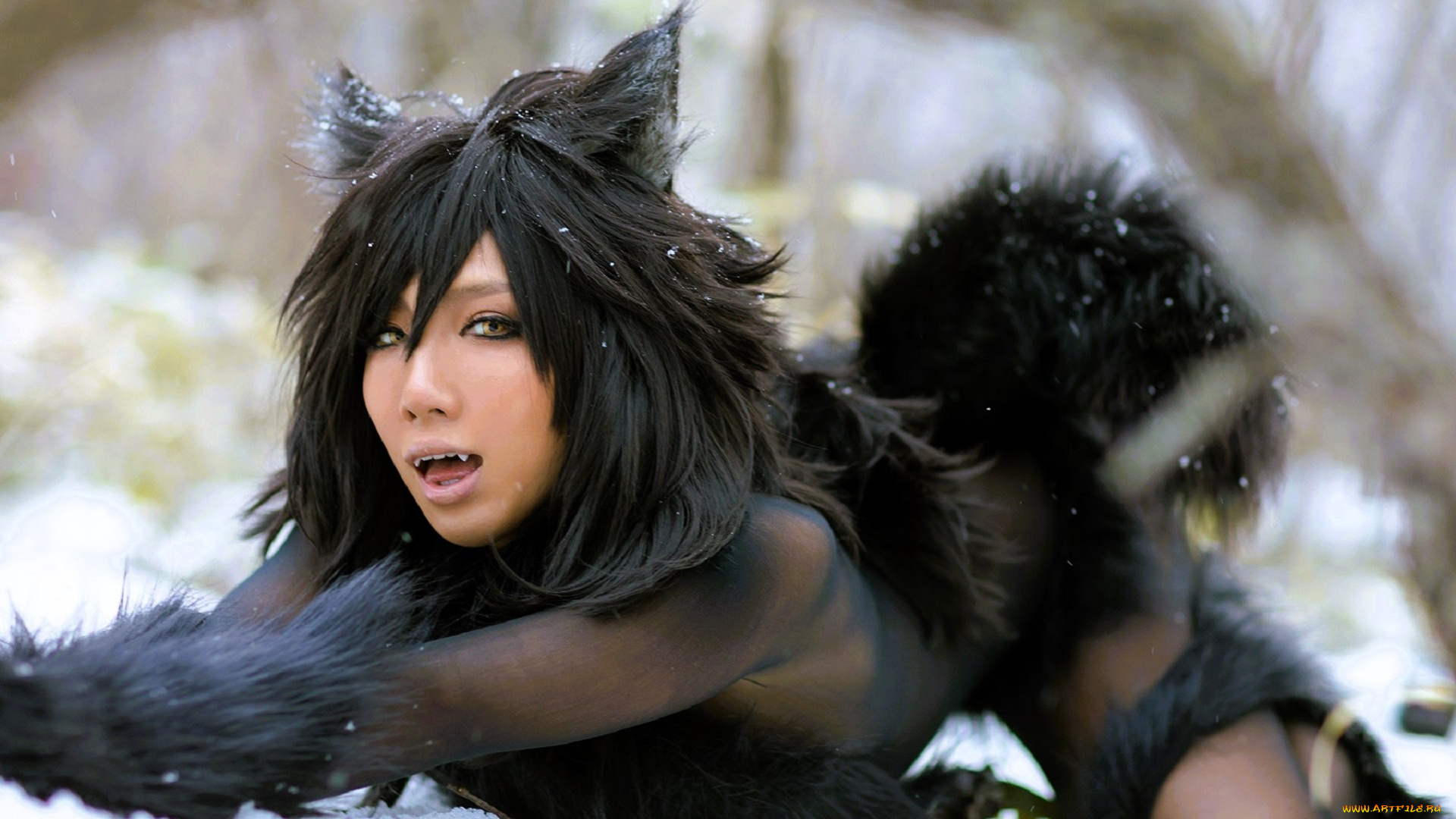 девушки, nonsummerjack, образ, косплей, наряд, костюм, мех, снег, лес, ушки, хвост