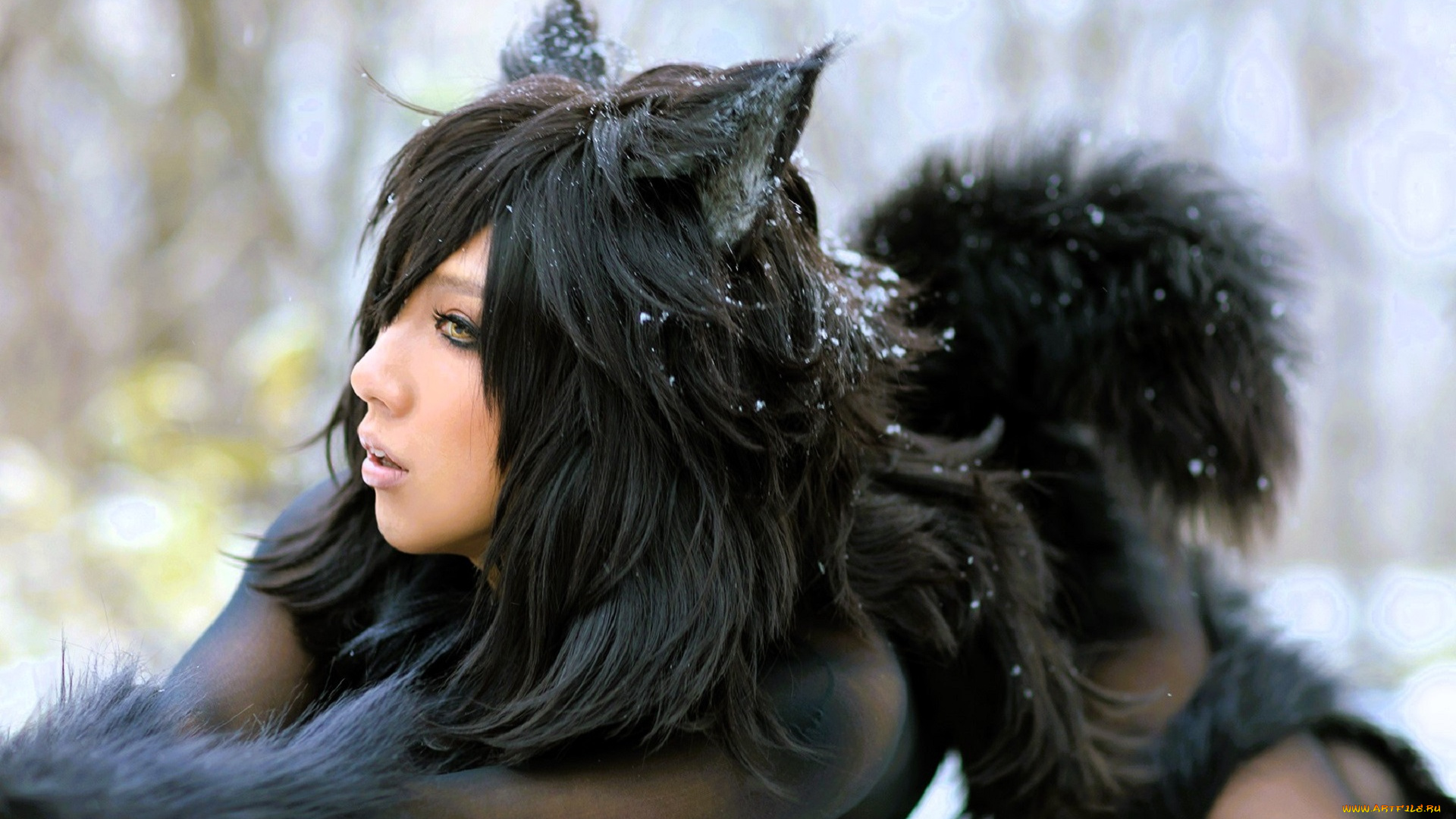 девушки, nonsummerjack, образ, косплей, наряд, костюм, мех, снег, лес, ушки, хвост