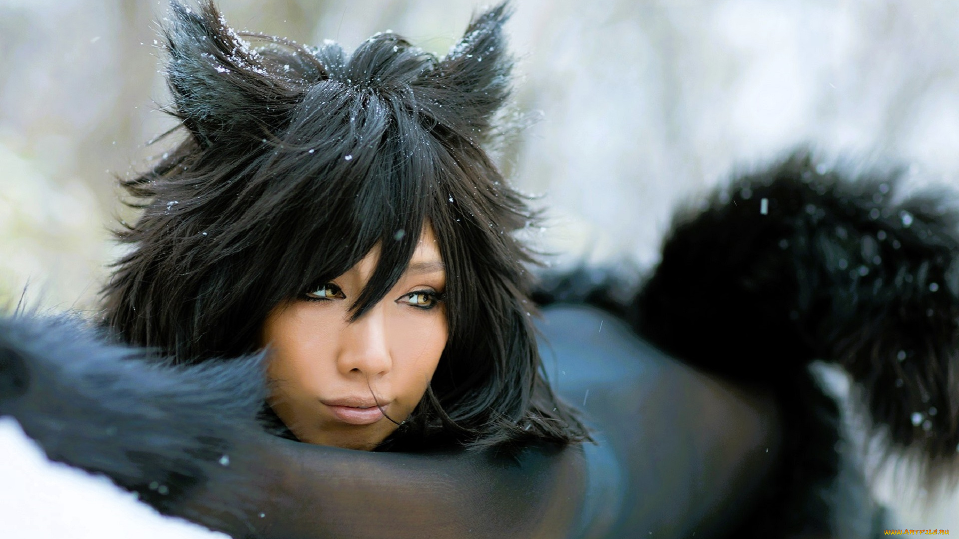 девушки, nonsummerjack, образ, косплей, наряд, костюм, мех, снег, лес, ушки, хвост