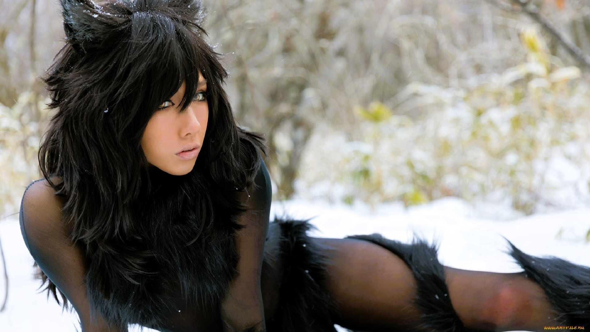 девушки, nonsummerjack, образ, косплей, наряд, костюм, мех, снег, лес, ушки, хвост