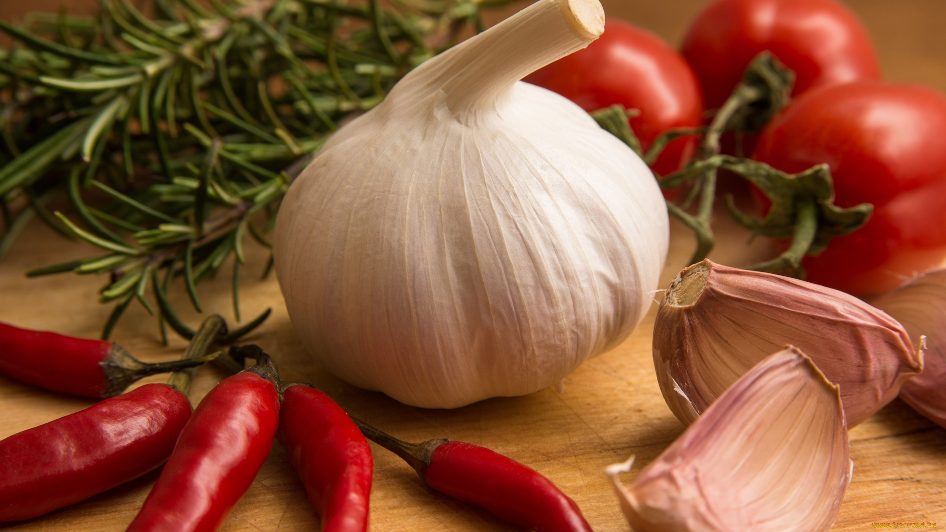 еда, овощи, острый, перец, чеснок, розмарин, помидоры