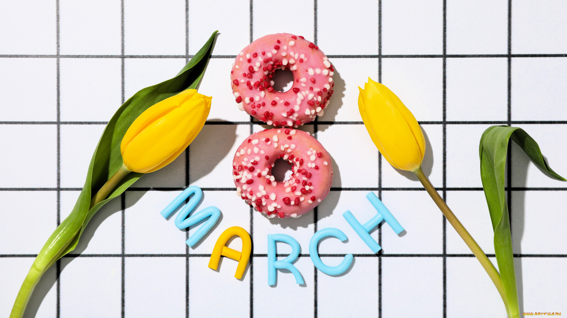 праздничные, международный, женский, день, -, 8, марта, тюльпаны, цифра, пончики