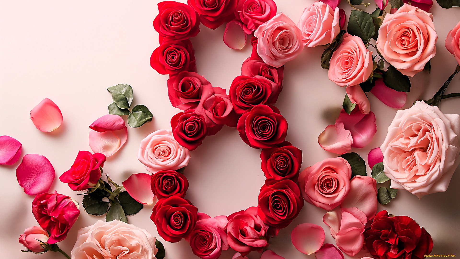 праздничные, международный, женский, день, -, 8, марта, цифра, розы, лепестки