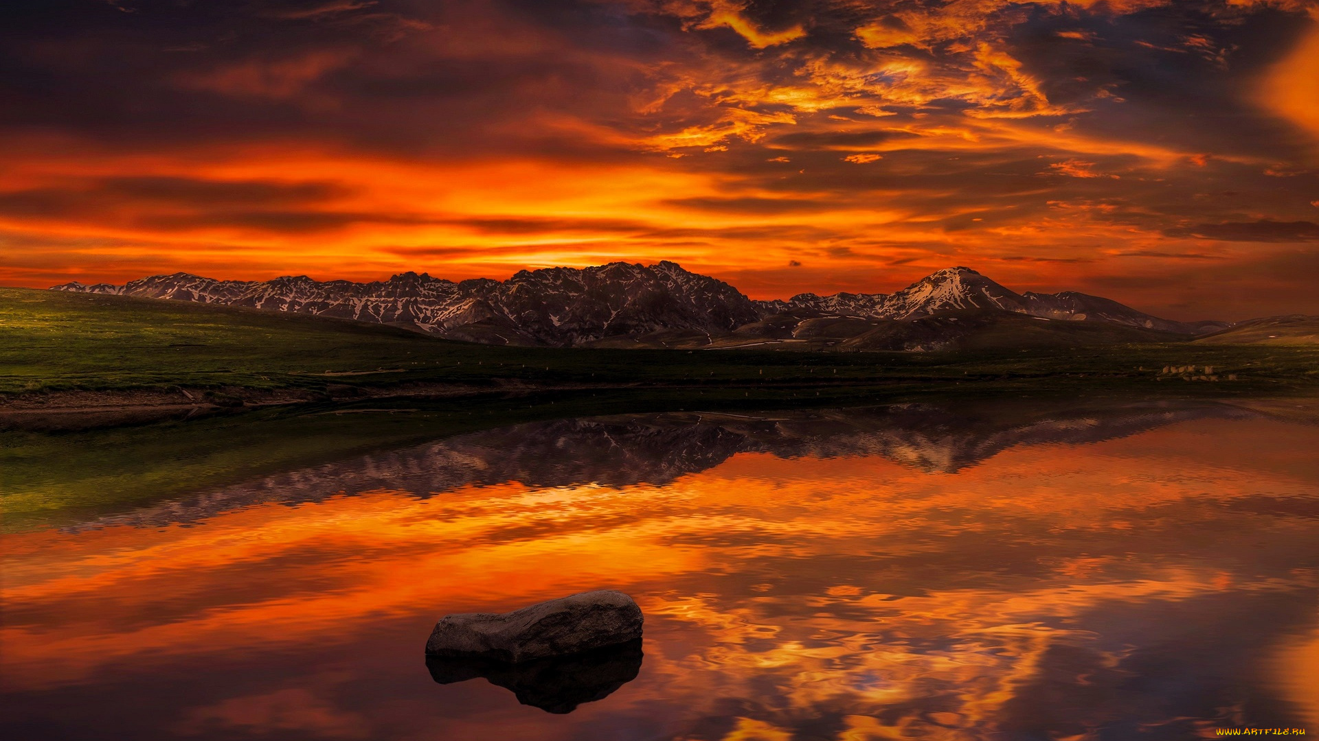 природа, реки, озера, закат, облака, горы, озеро, камень, луга