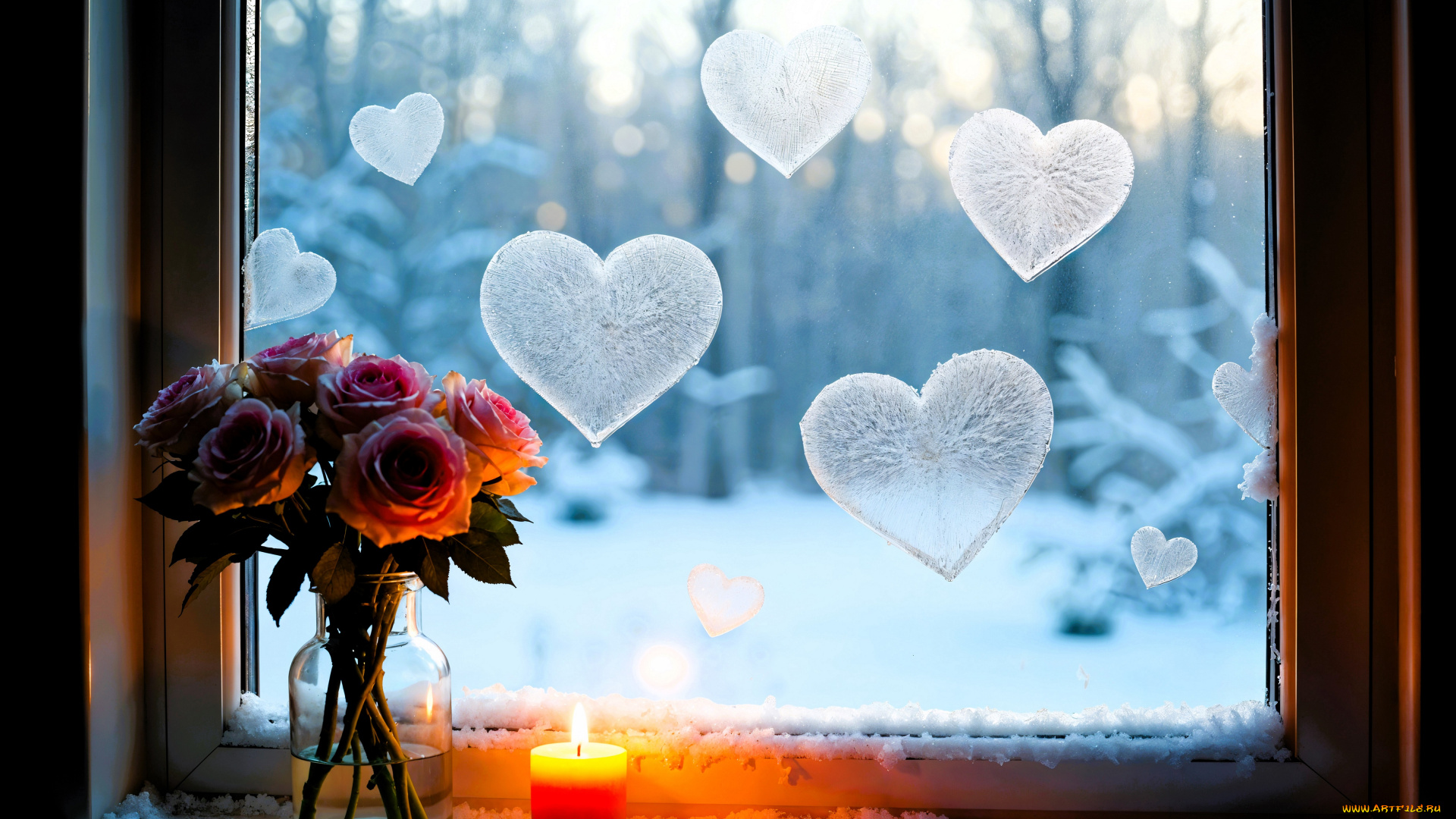 разное, компьютерный, дизайн, окно, снег, сердечки, розы, свеча