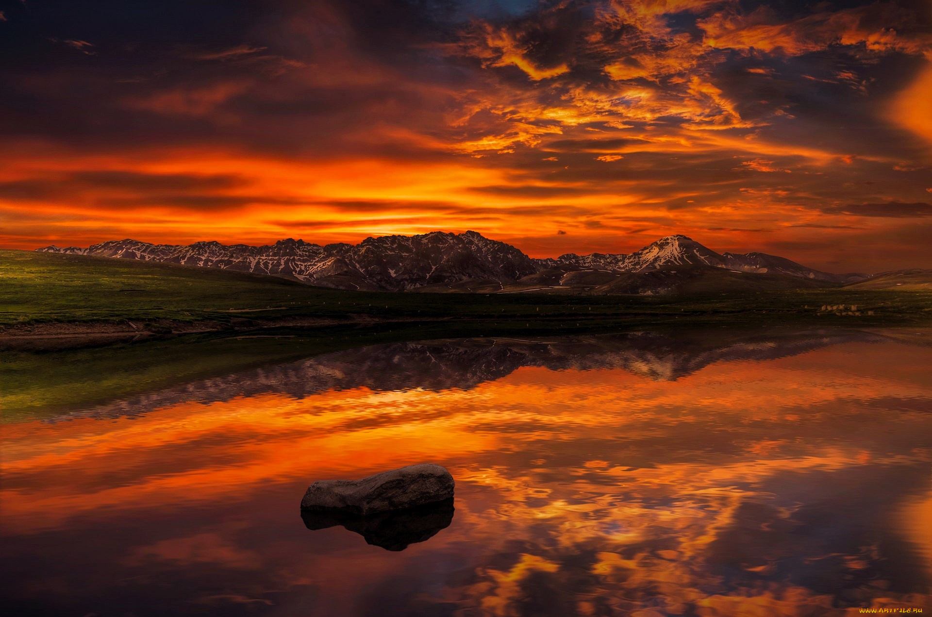 природа, реки, озера, закат, облака, горы, озеро, камень, луга