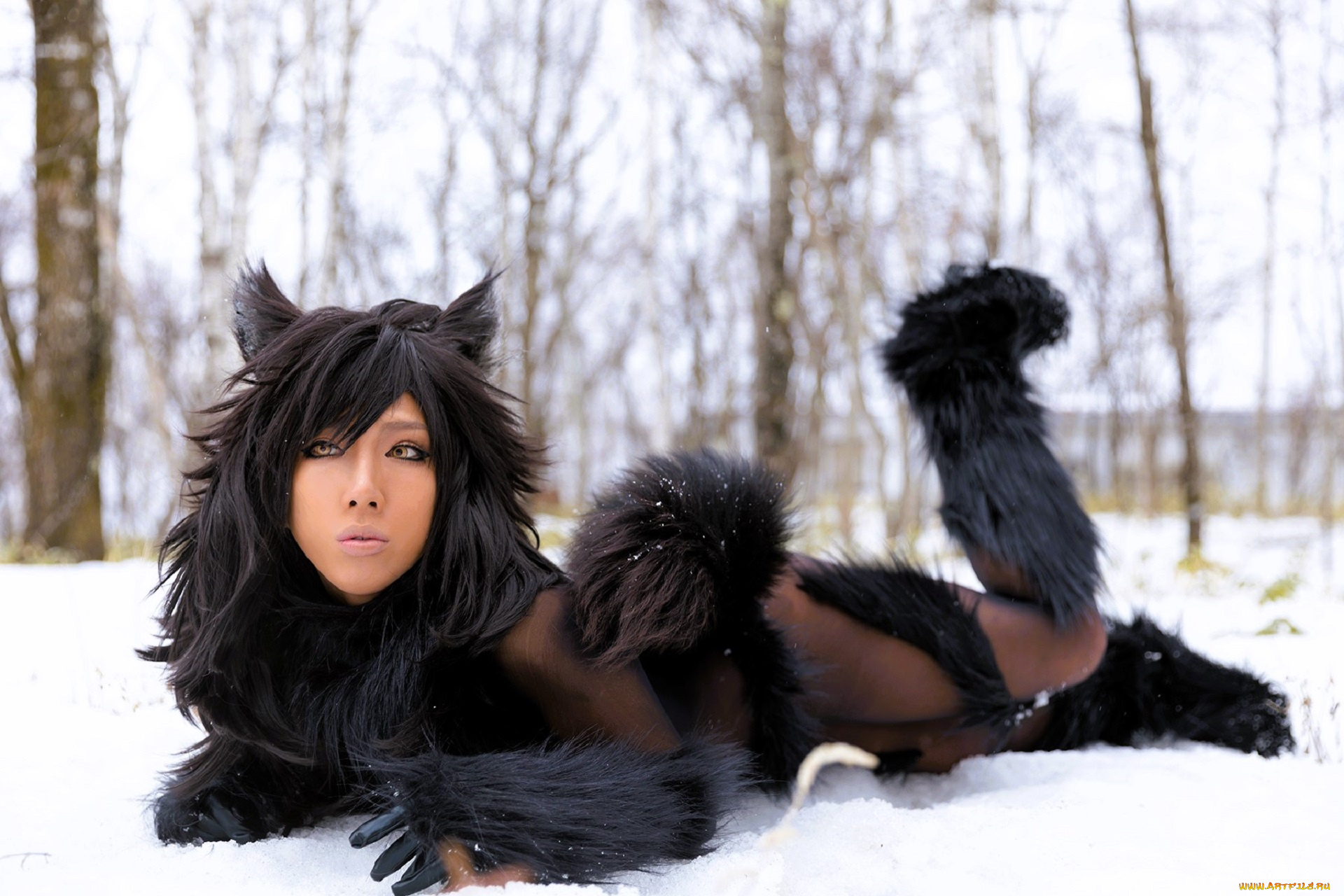 девушки, nonsummerjack, образ, косплей, наряд, костюм, мех, снег, лес, ушки, хвост