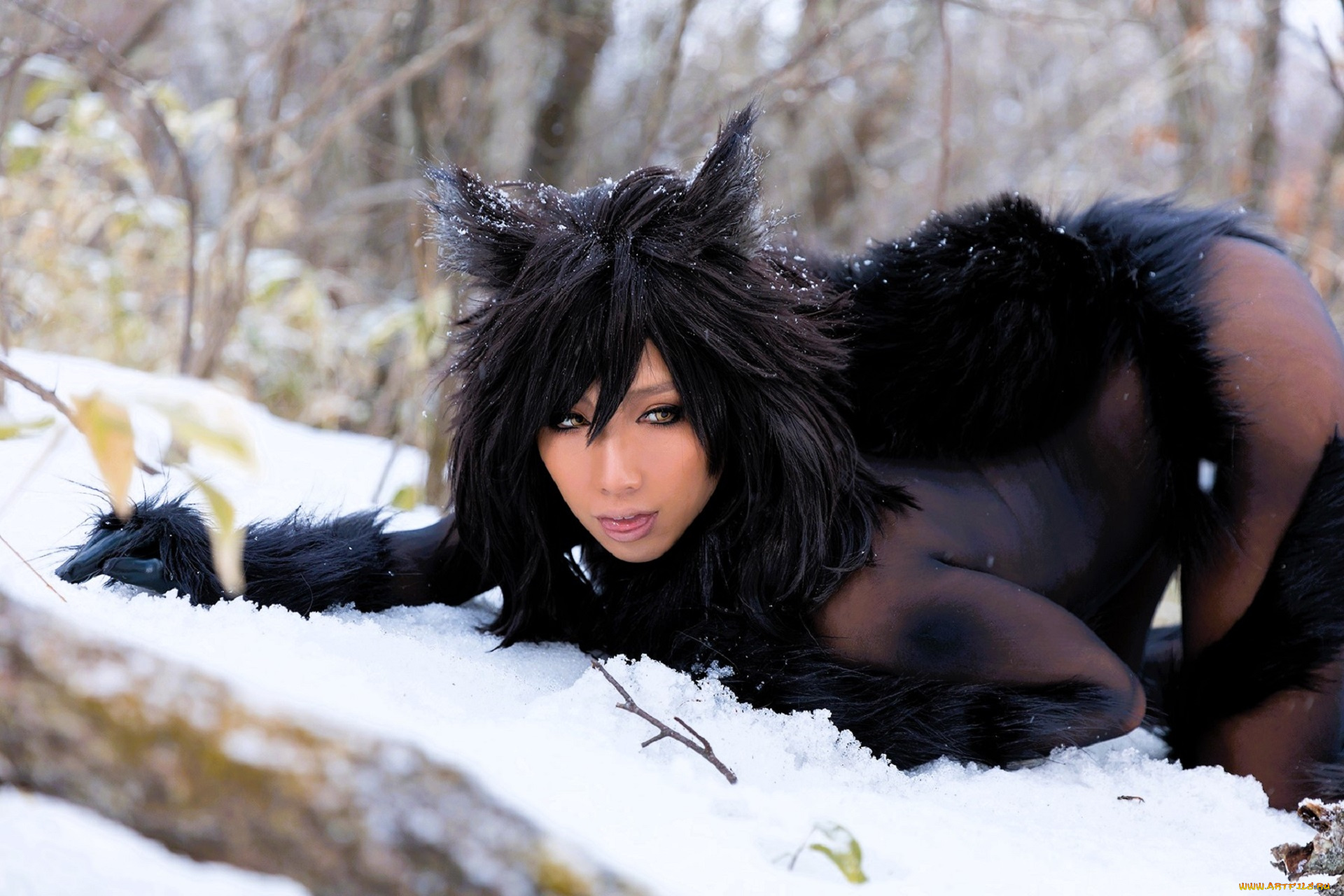 девушки, nonsummerjack, образ, косплей, наряд, костюм, мех, снег, лес, ушки, хвост