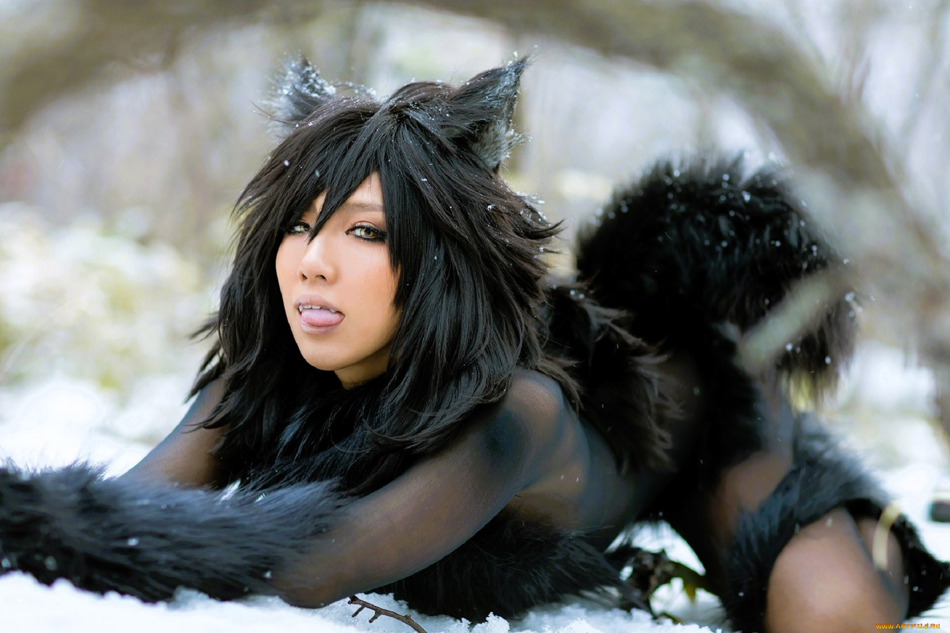 девушки, nonsummerjack, образ, косплей, наряд, костюм, мех, снег, лес, ушки, хвост