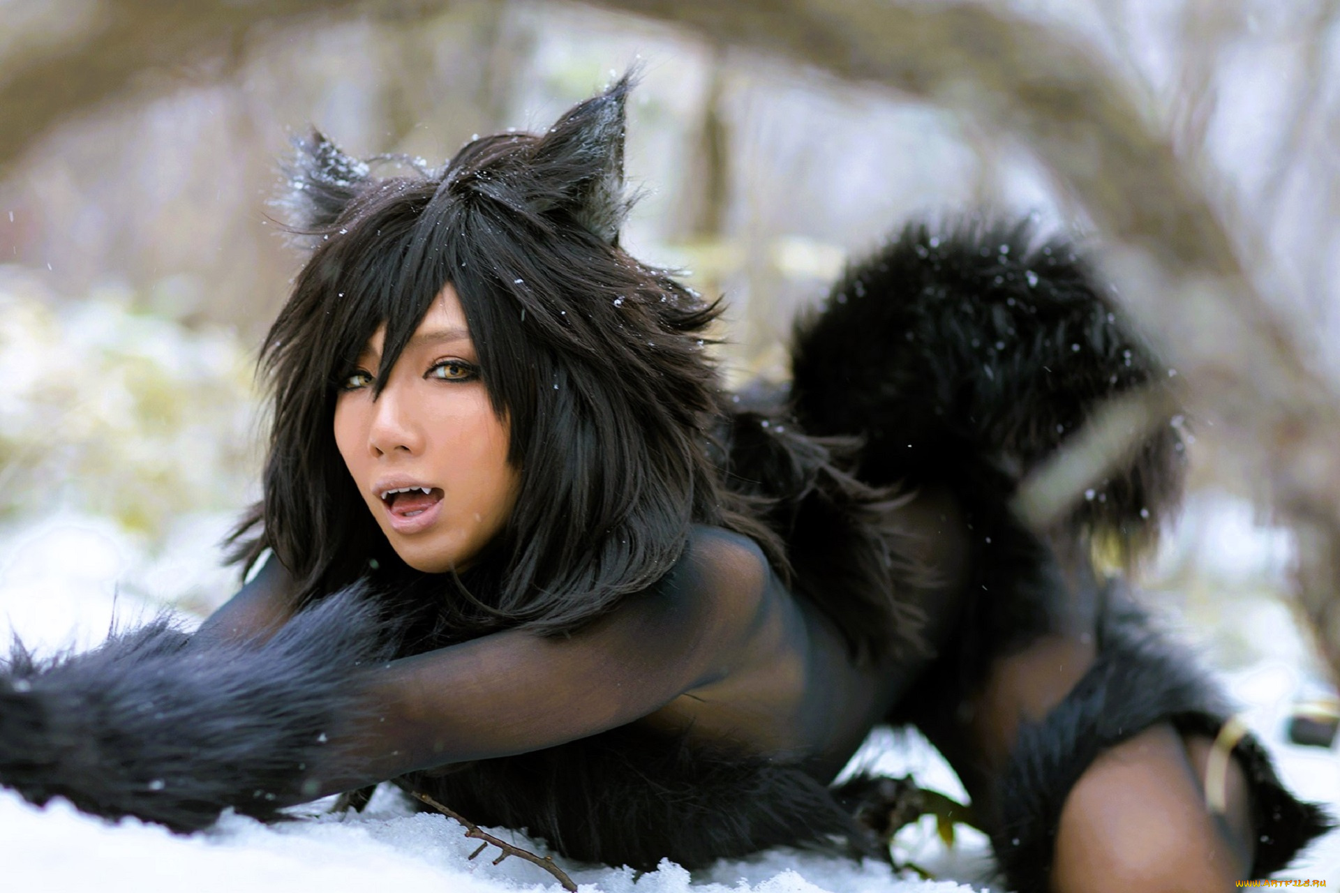 девушки, nonsummerjack, образ, косплей, наряд, костюм, мех, снег, лес, ушки, хвост