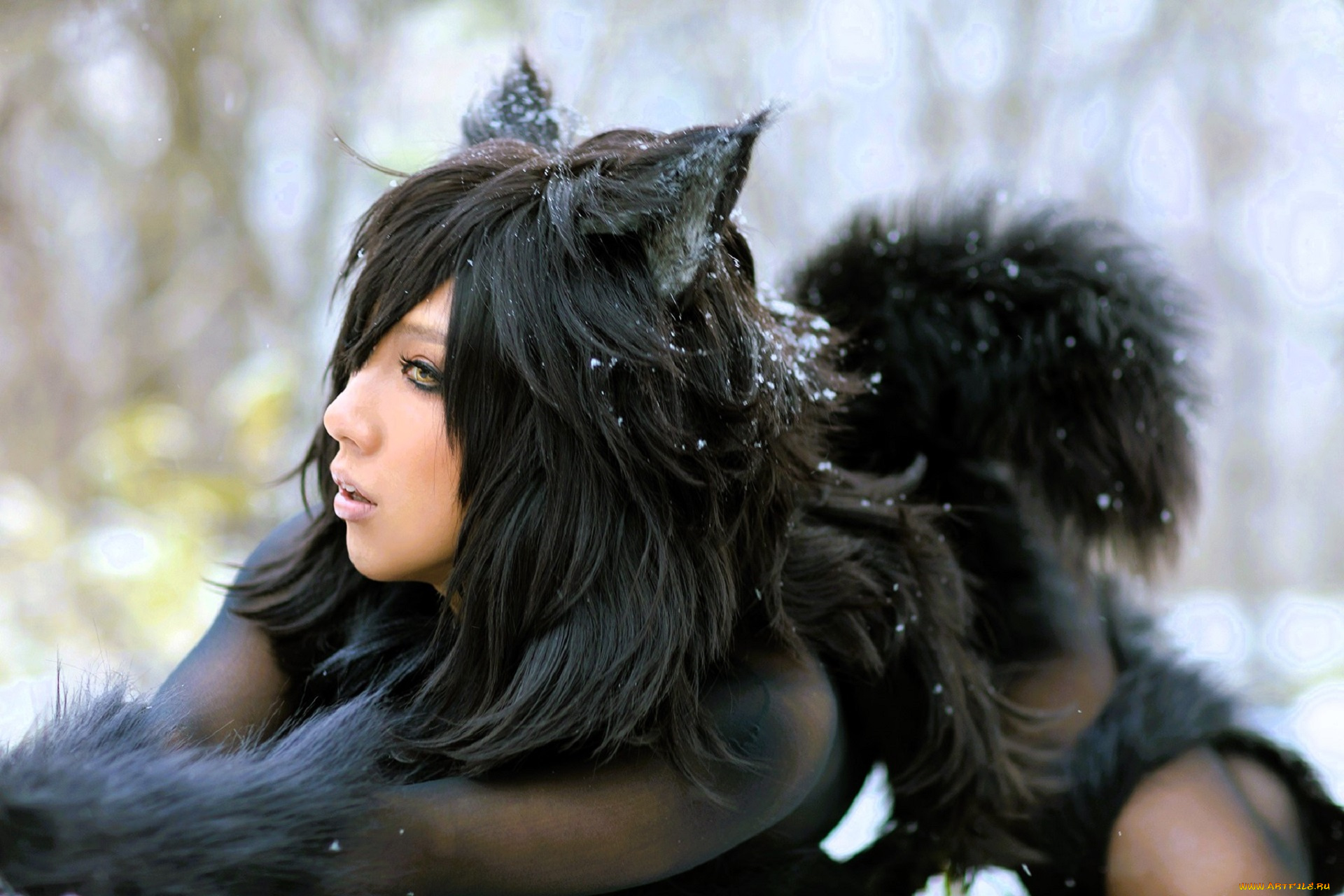 девушки, nonsummerjack, образ, косплей, наряд, костюм, мех, снег, лес, ушки, хвост