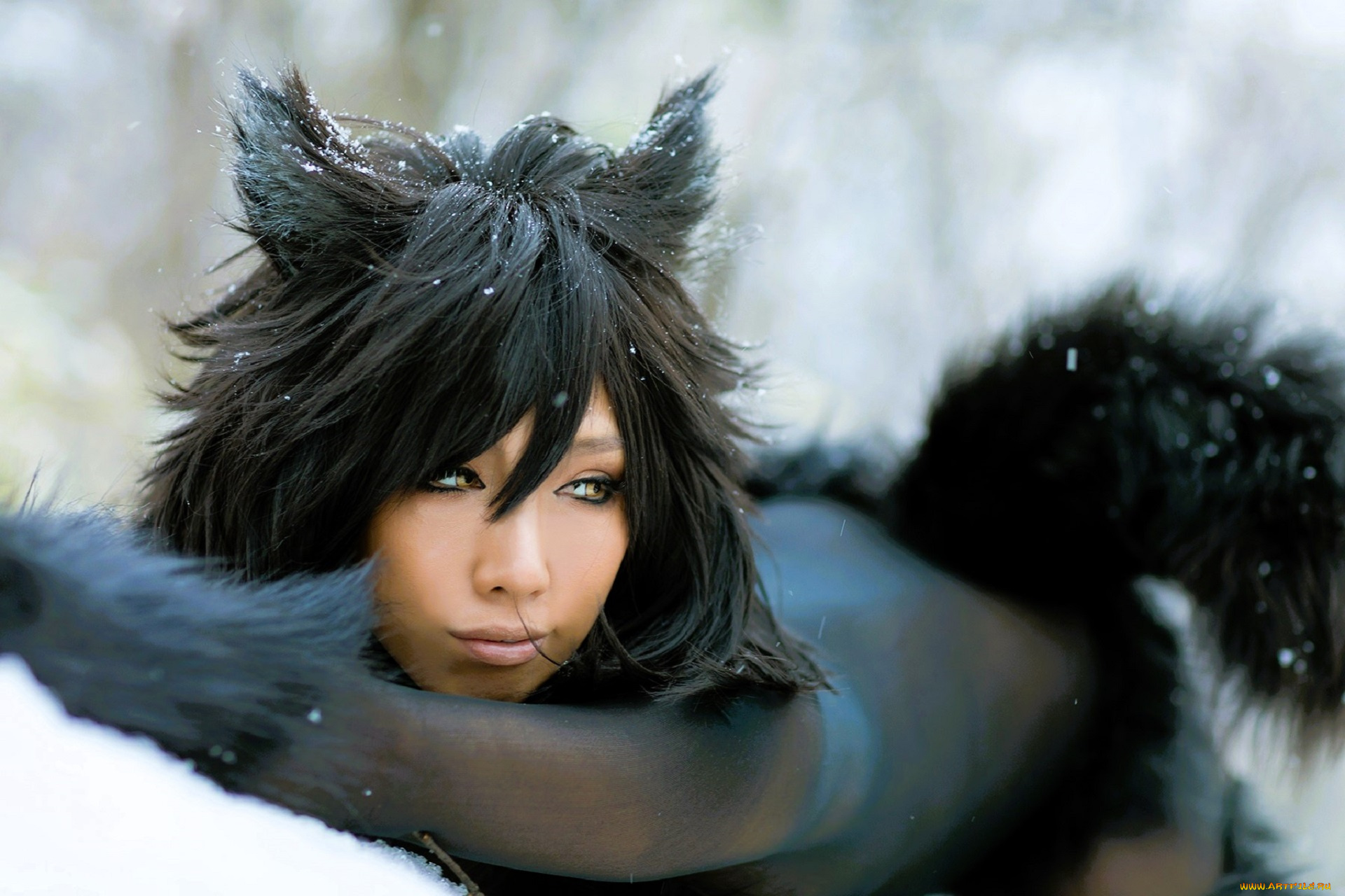 девушки, nonsummerjack, образ, косплей, наряд, костюм, мех, снег, лес, ушки, хвост