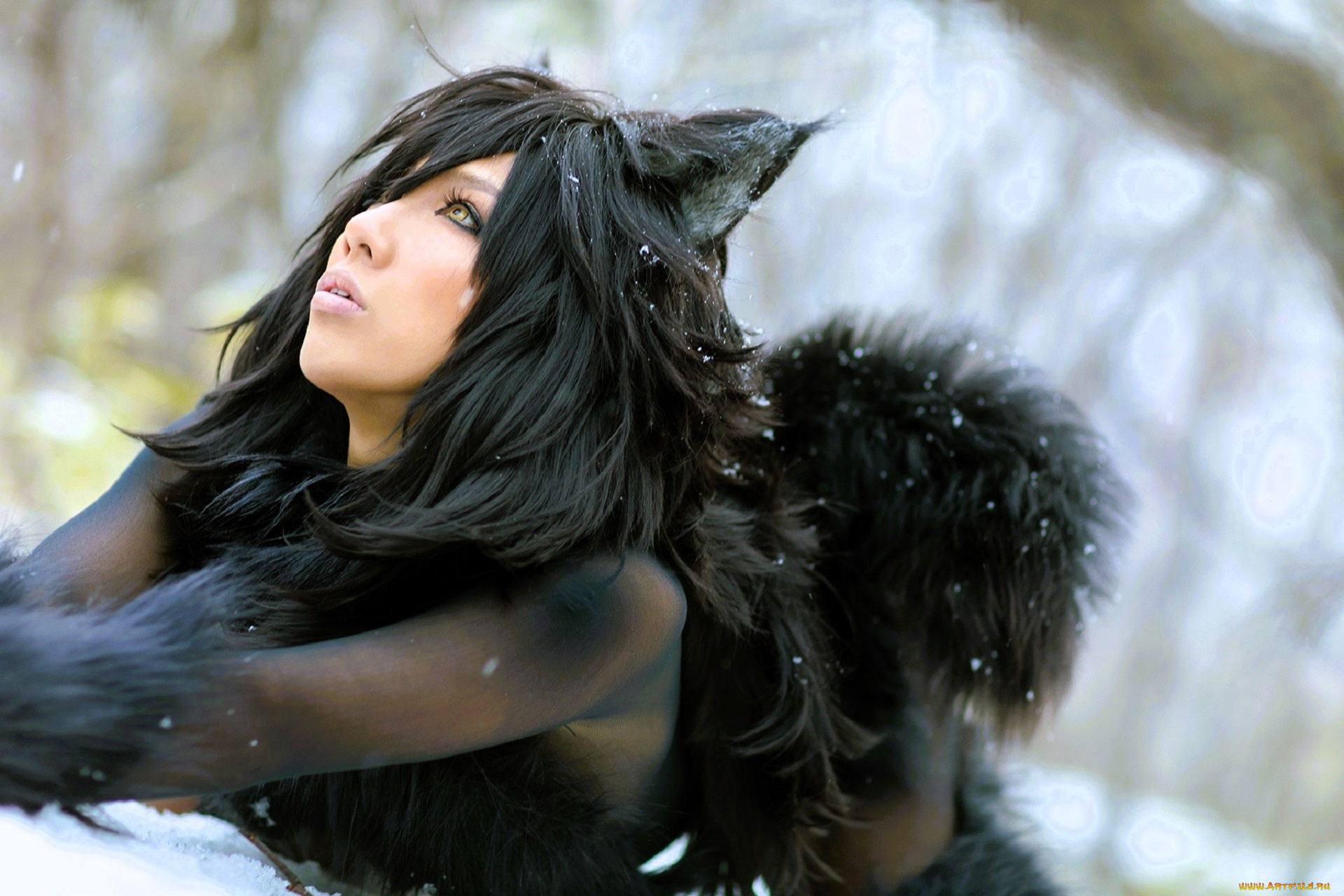 девушки, nonsummerjack, образ, косплей, наряд, костюм, мех, снег, лес, ушки, хвост