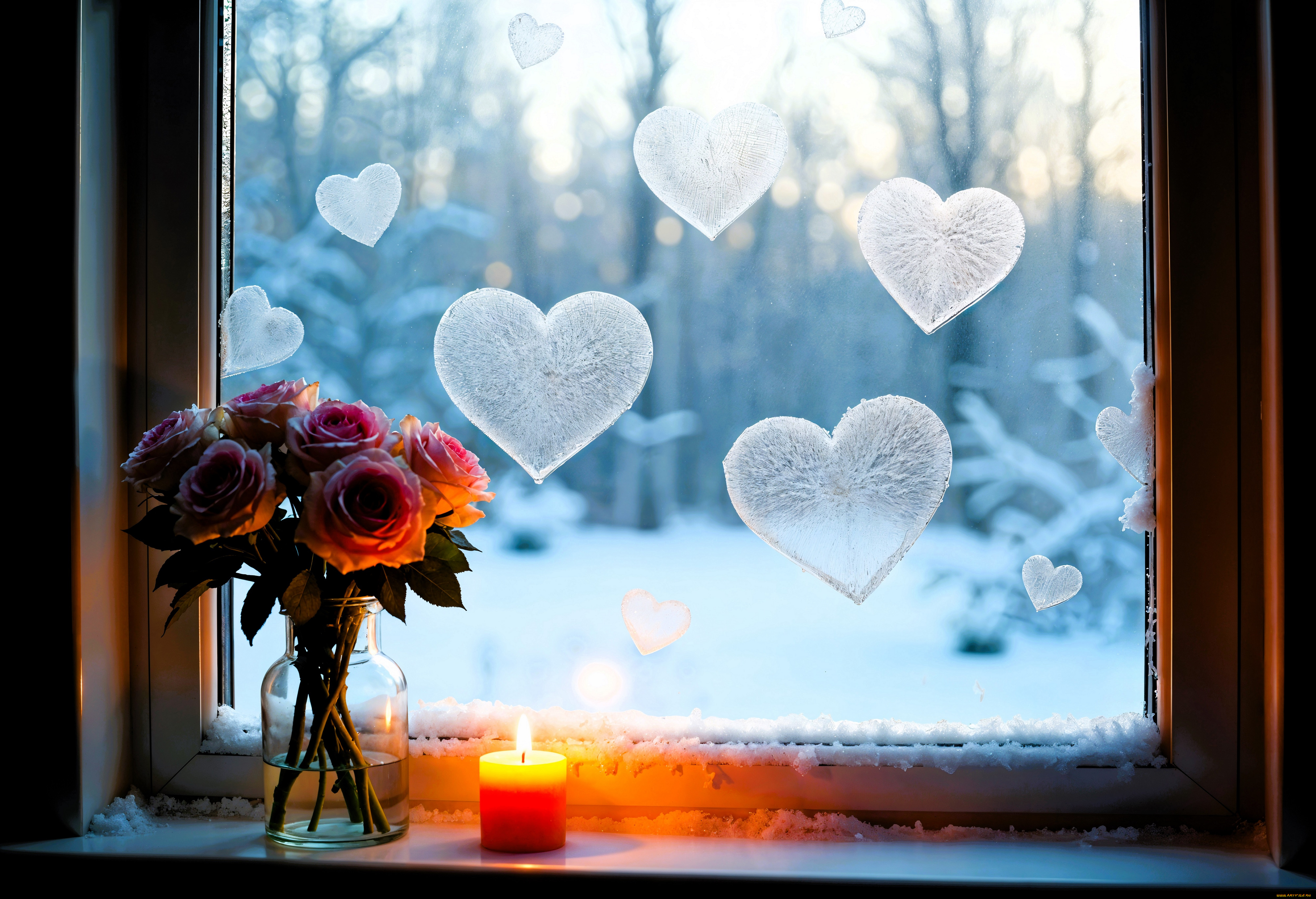 разное, компьютерный, дизайн, окно, снег, сердечки, розы, свеча