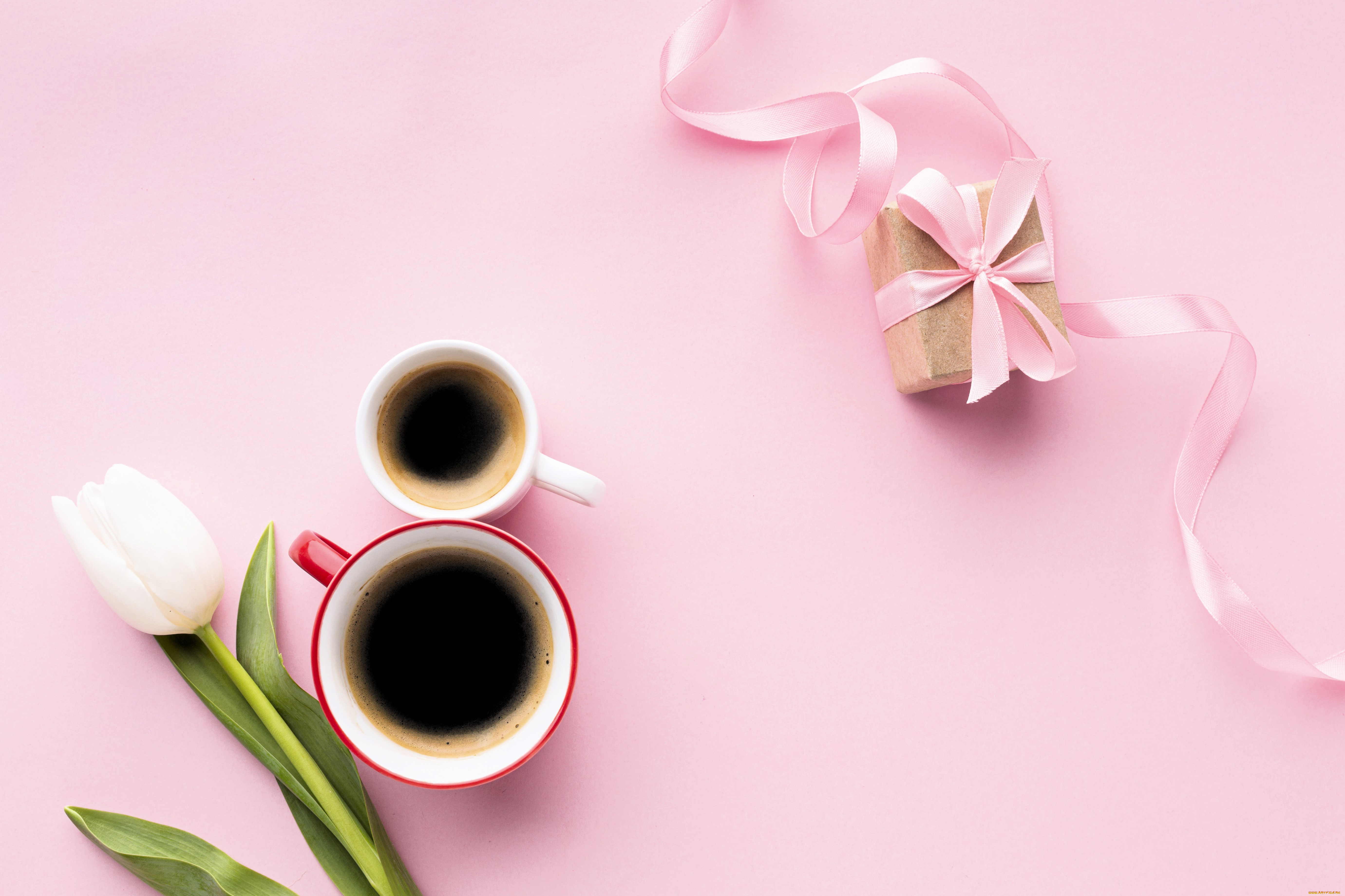 праздничные, международный, женский, день, -, 8, марта, тюльпан, чашки, кофе, лента, подарок
