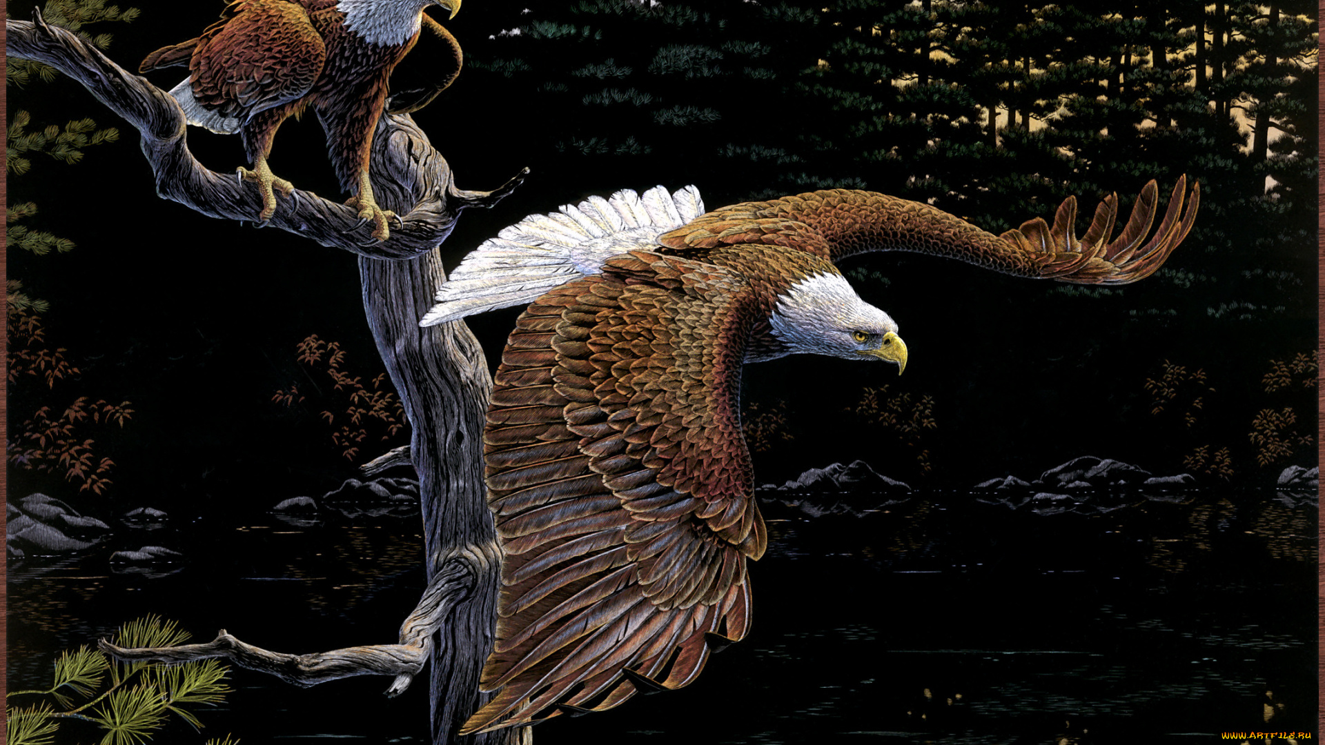 al, agnew, evening, retreat, рисованные, дерево, лес, птицы, орлы