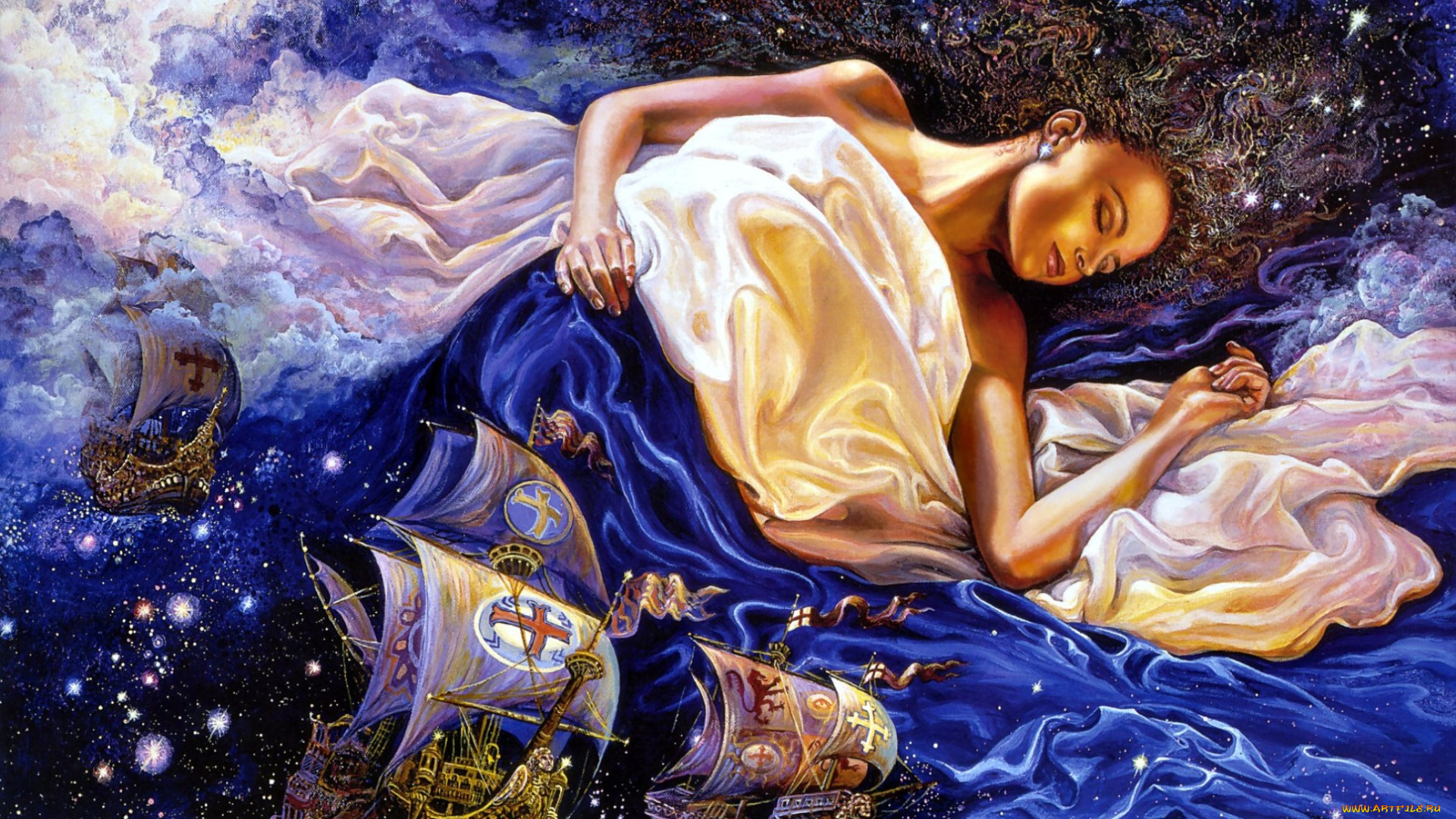 astral, voyage, фэнтези, josephine, wall, painting, woman, sleep, boats, fantasy, ships