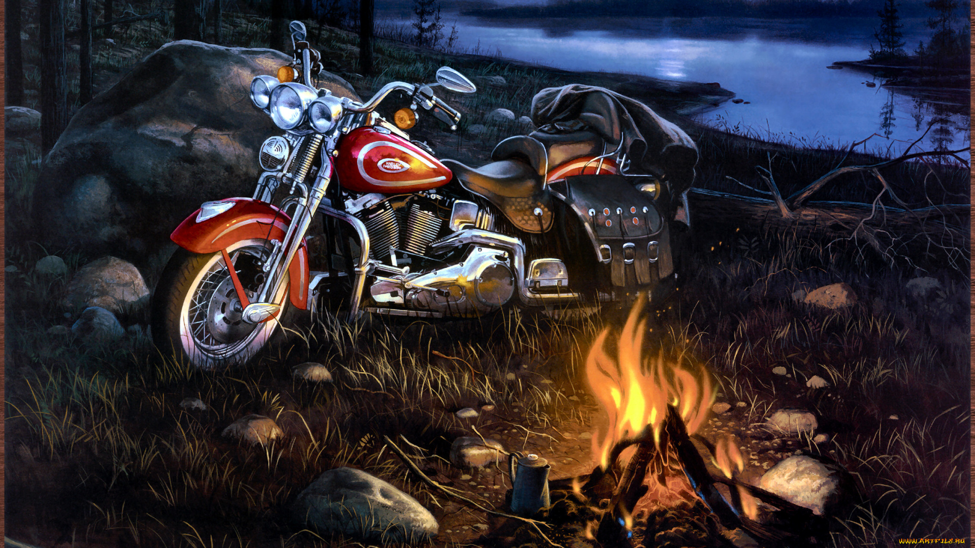 charles, freitag, moonlight, reflections, рисованные, harley-davidson, мотоцикл, пейзаж, река, костёр