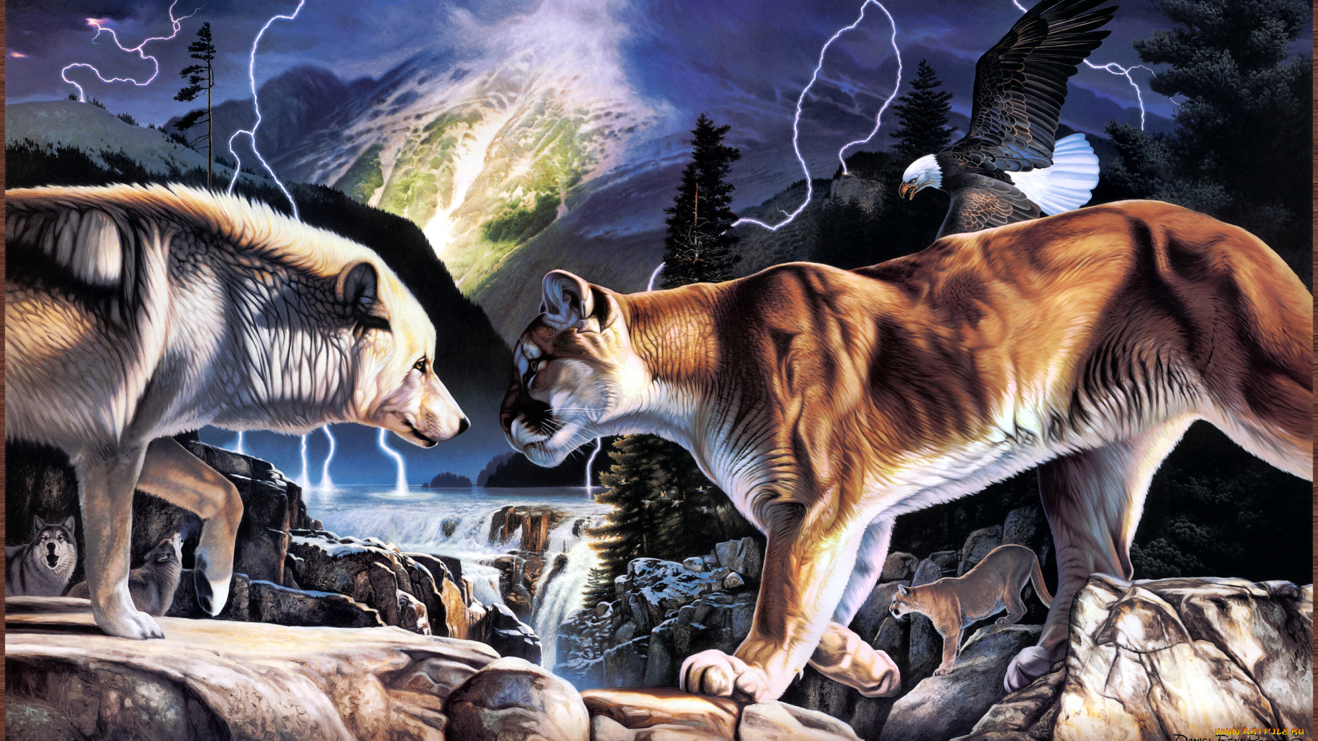 daniel, renn, pierce, face, to, рисованные, река, молния, орёл, камни, волк, кугуар, пума