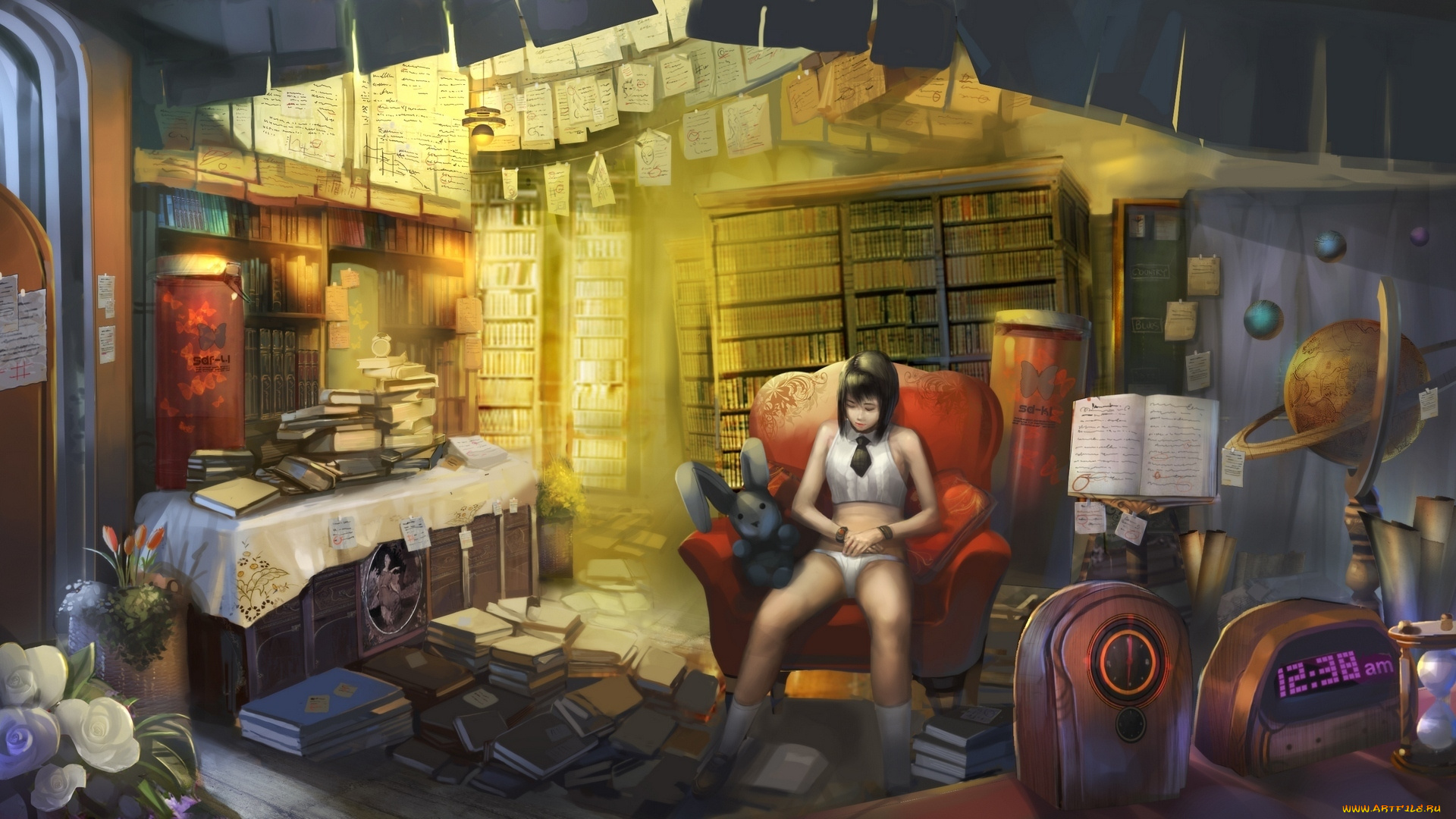 фэнтези, девушки, кресло, бумага, часы, кролик, мягкая, игрушка, браслет, растения, книги, галстук