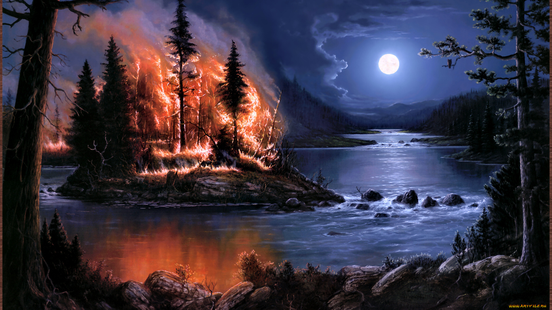 jesse, barnes, out, of, the, ashes, рисованные, лес, пожар, огонь, остров, деревья, ночь, луна, арт, река
