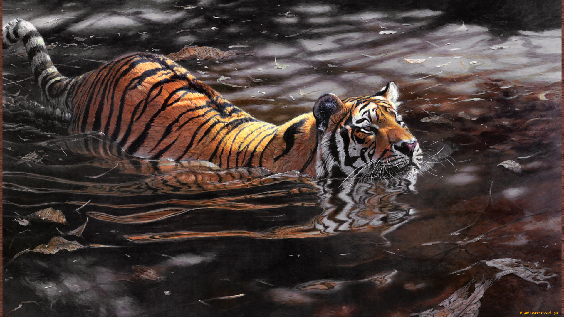 matthew, hillier, jungle, crossing, рисованные, вода, тигр