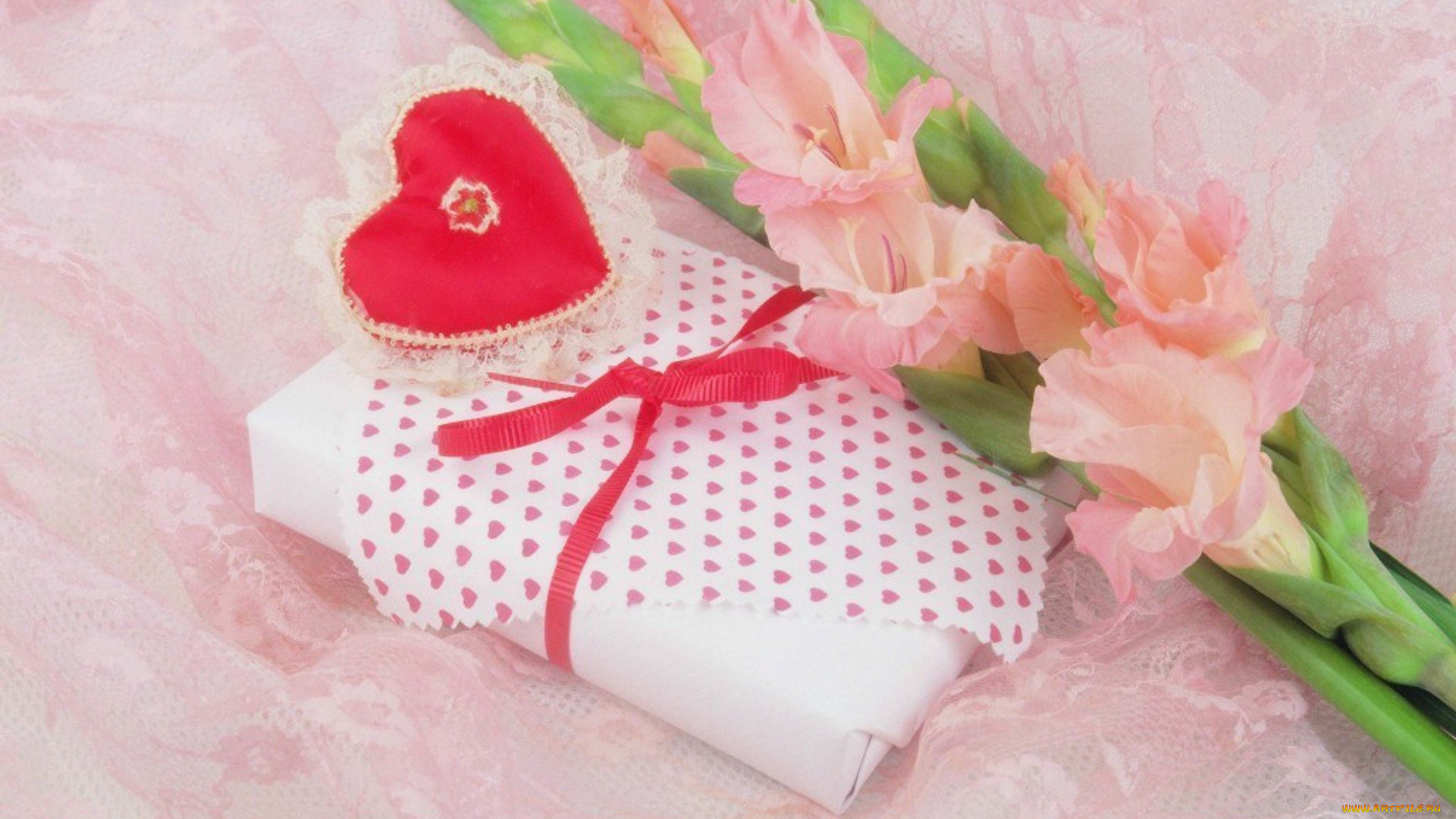 праздничные, день, св, валентина, сердечки, любовь, гладиолус, сердечко, подарок