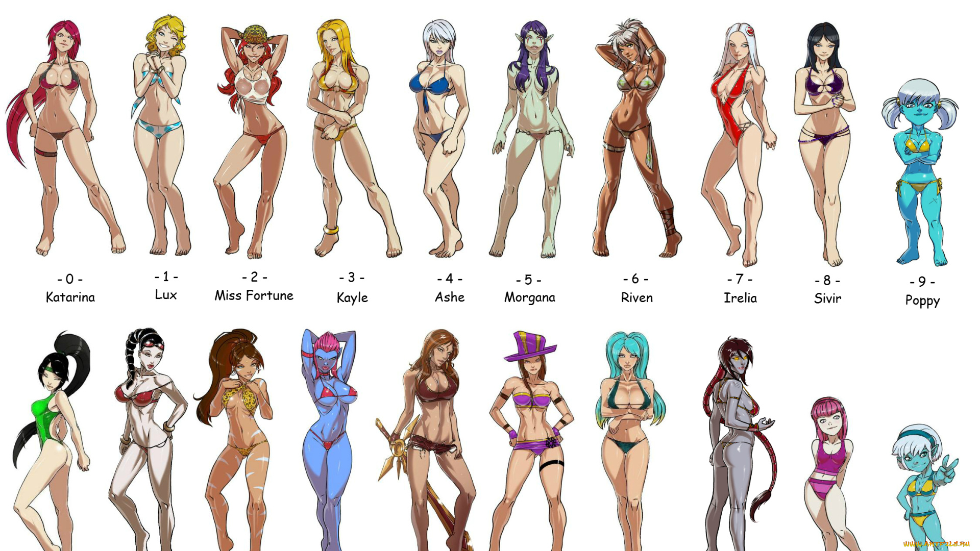 видео, игры, league, of, legends, poppy, irelia, sivir, katarina, lux, miss, fortune, kayle, ashe, morgana, riven, nidalee, vayne, akali
