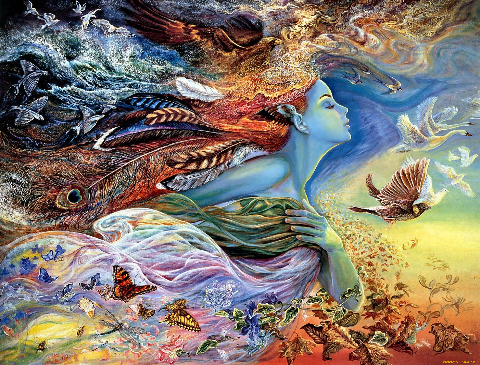spirit, of, flight, фэнтези, josephine, wall, girl, butterflies, fantasy, art, feathers, painting, birds, goose
