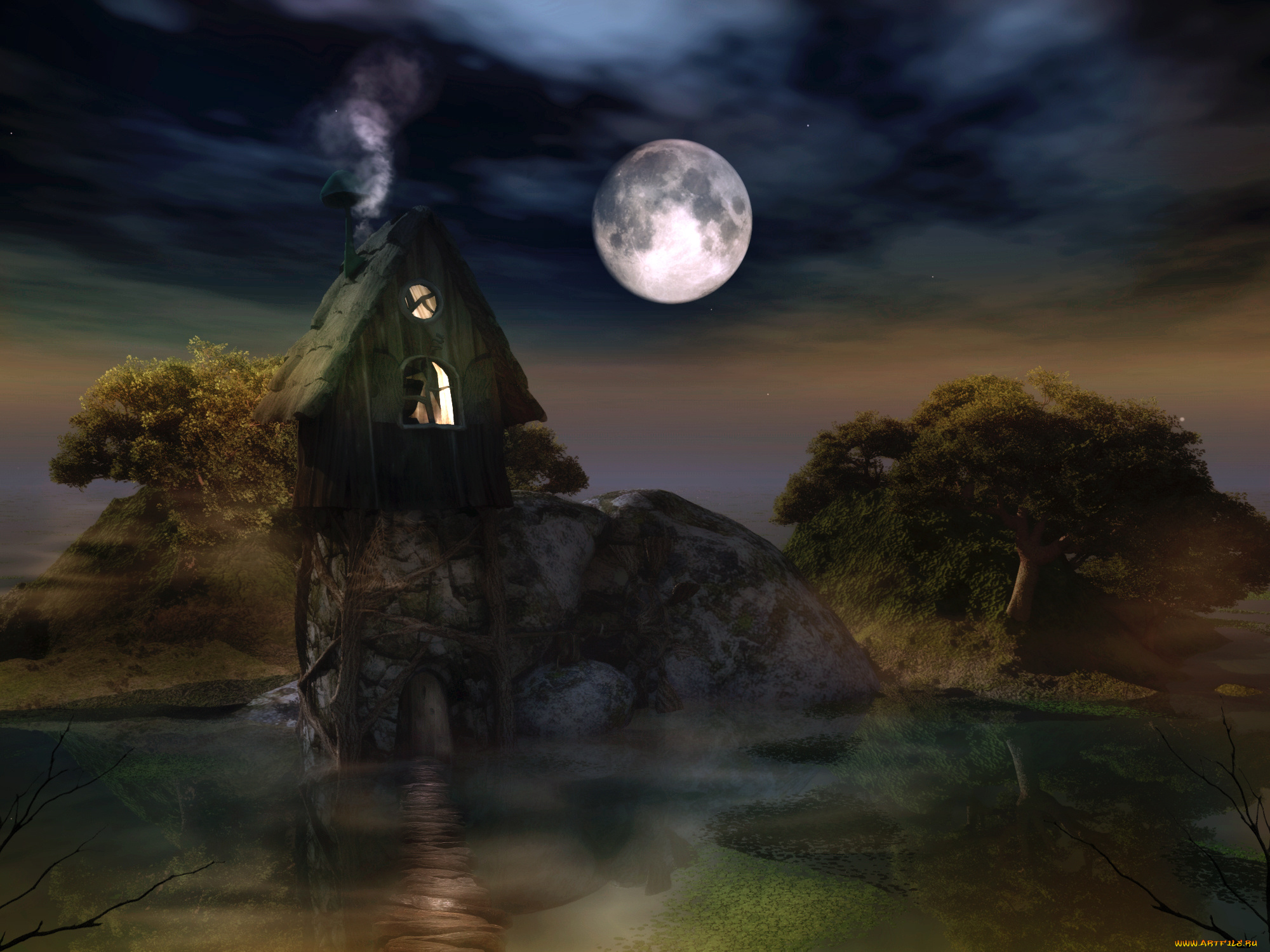 3д, графика, nature, landscape, природа, ночь, вода, луна, дом