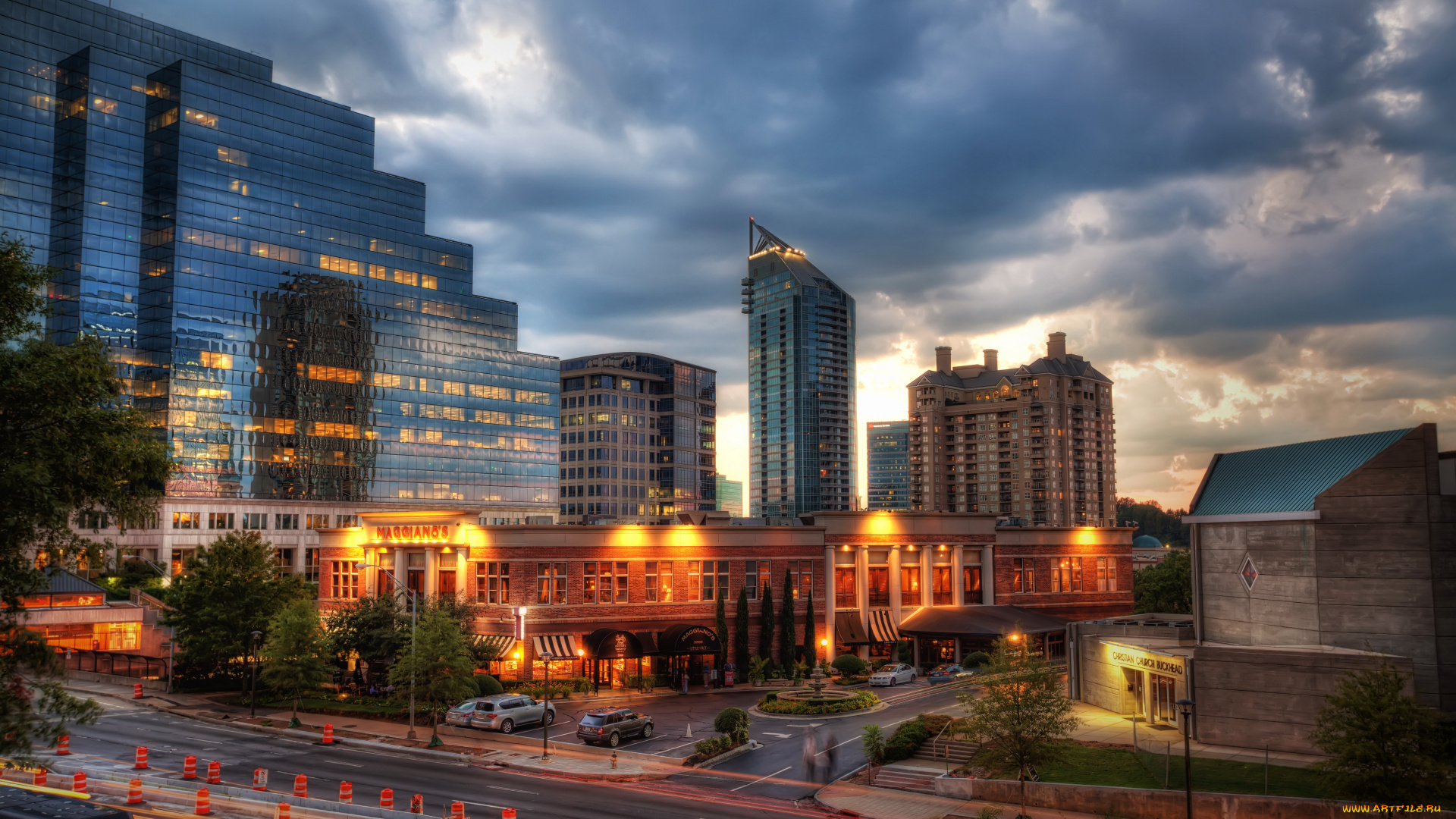 атланта, джорджия, сша, города, огни, ночного, ночь, дома, улица