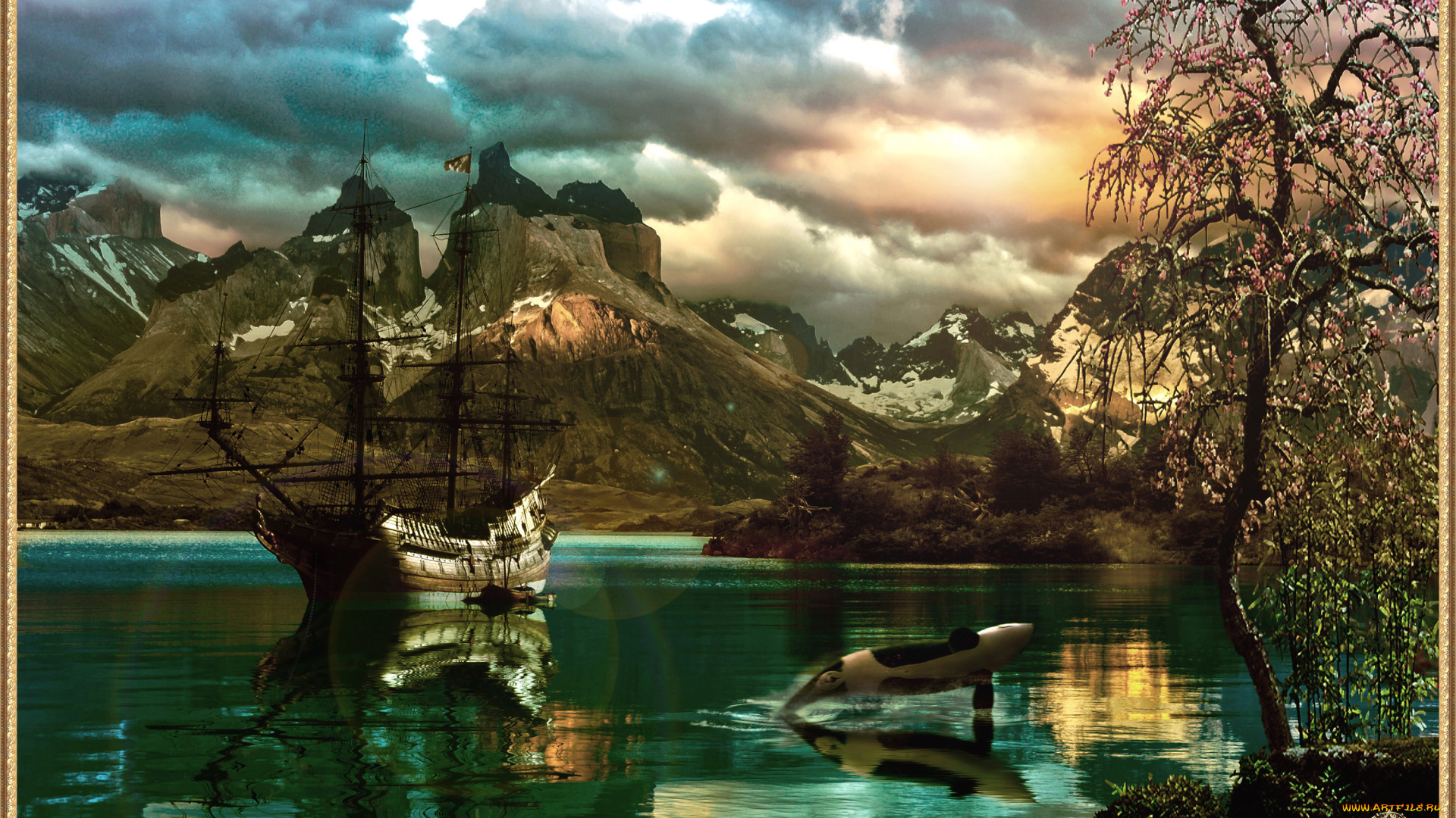 фэнтези, пейзажи, бухта, парусник