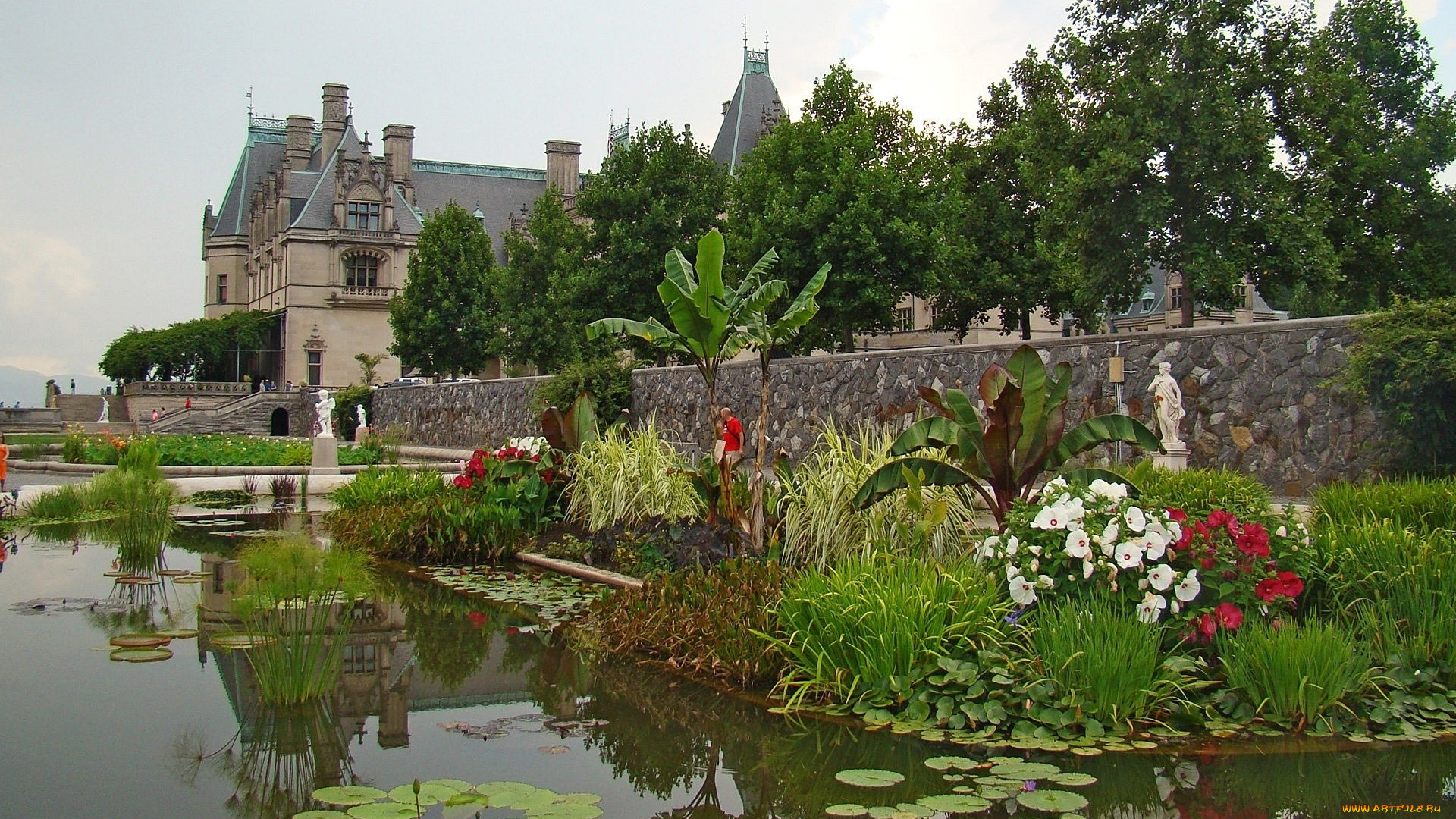города, дворцы, замки, крепости, цветы, статуи, водоем, замок, biltmore, estate, asheville, north, carolina, usa