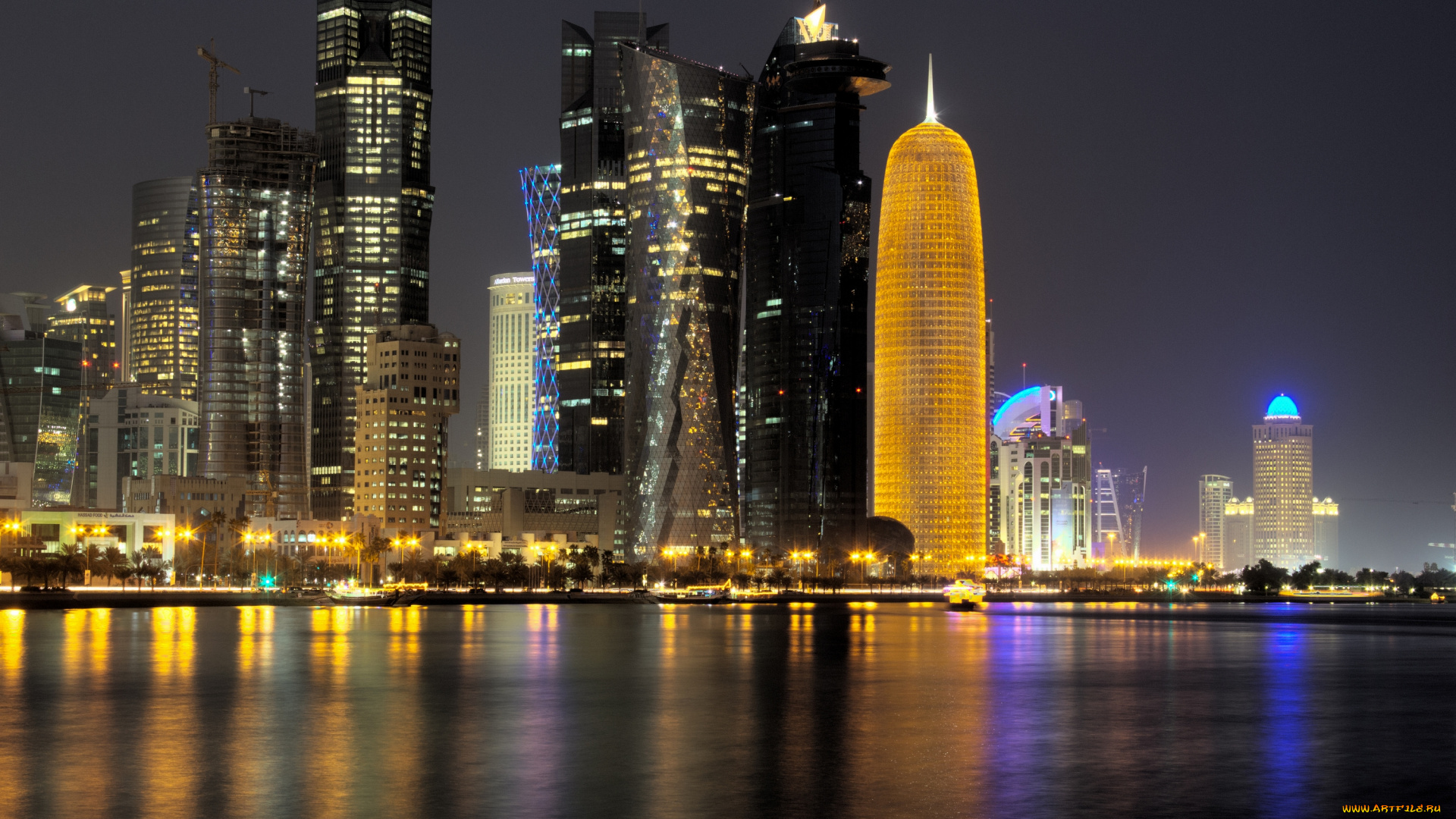 города, огни, ночного, катар, доха, центр