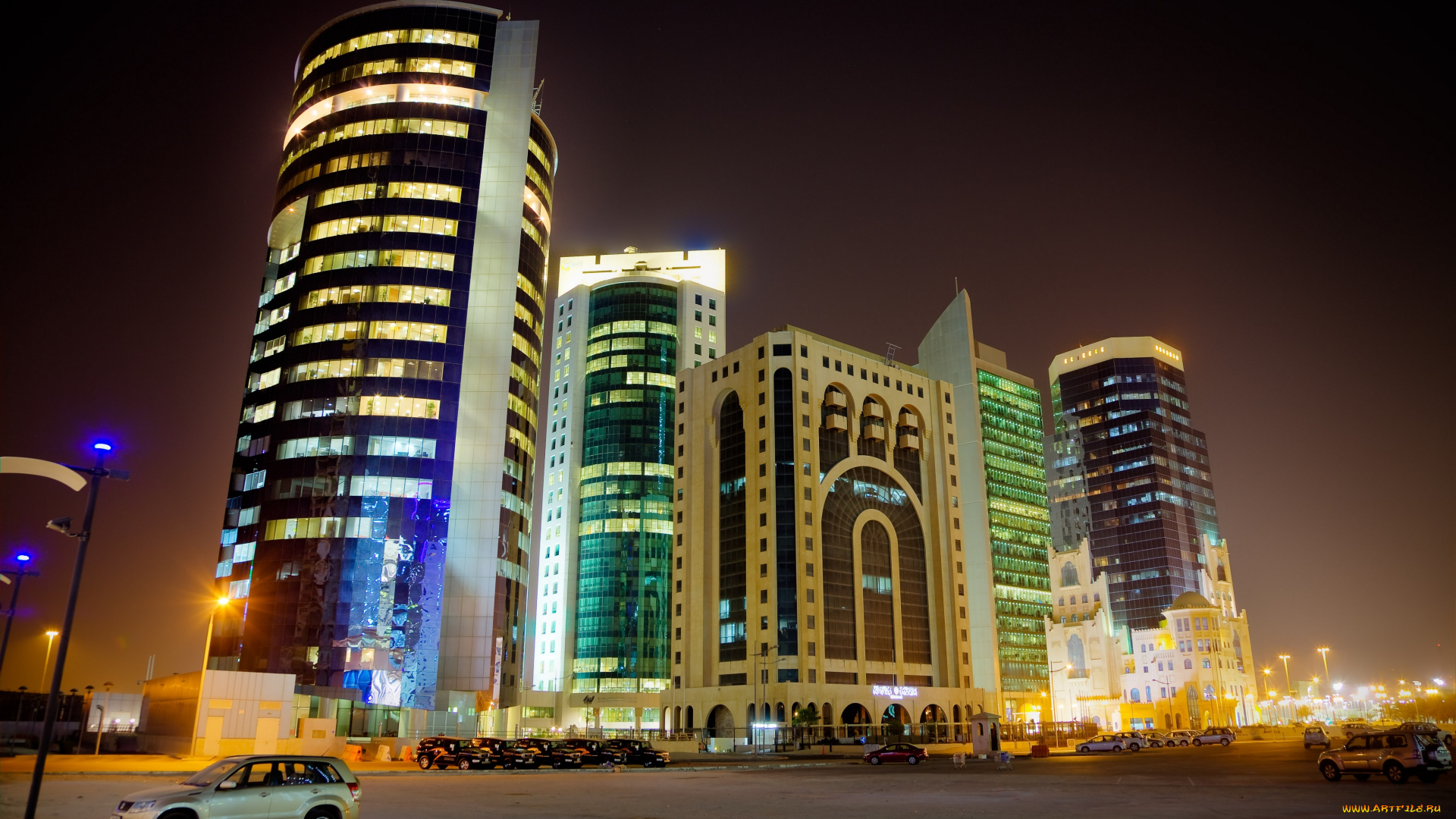 города, огни, ночного, катар, ночь