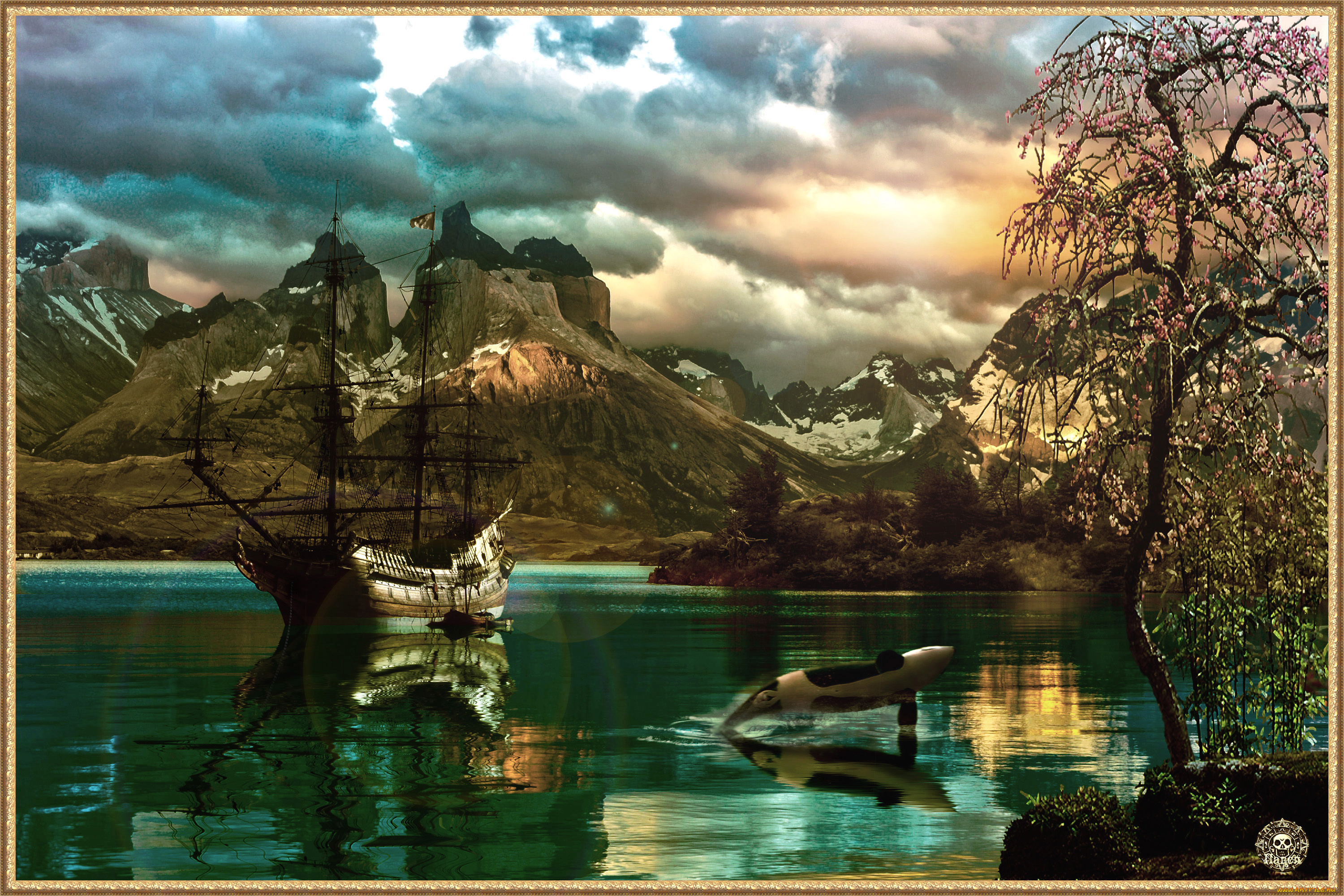 фэнтези, пейзажи, бухта, парусник