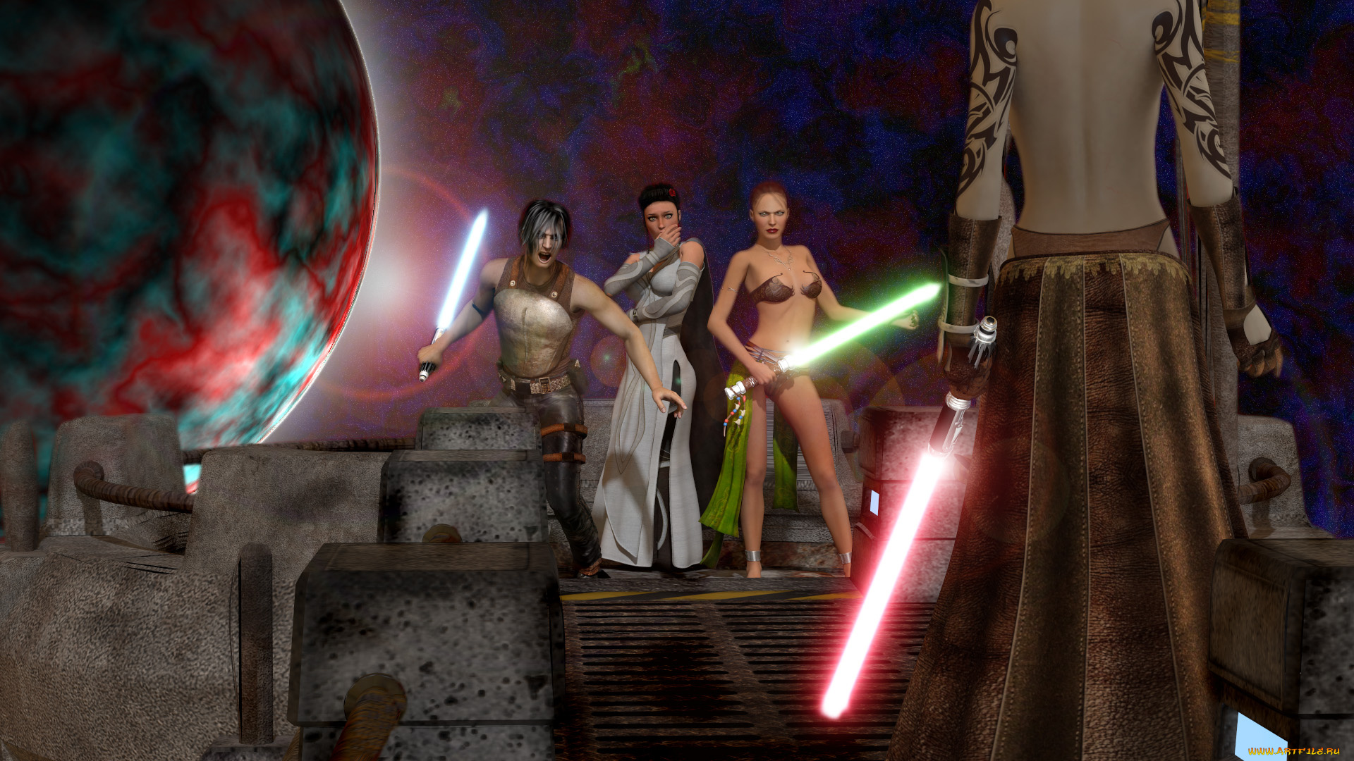 3д, графика, fantasy, , фантазия, оружие, мужчина, девушки