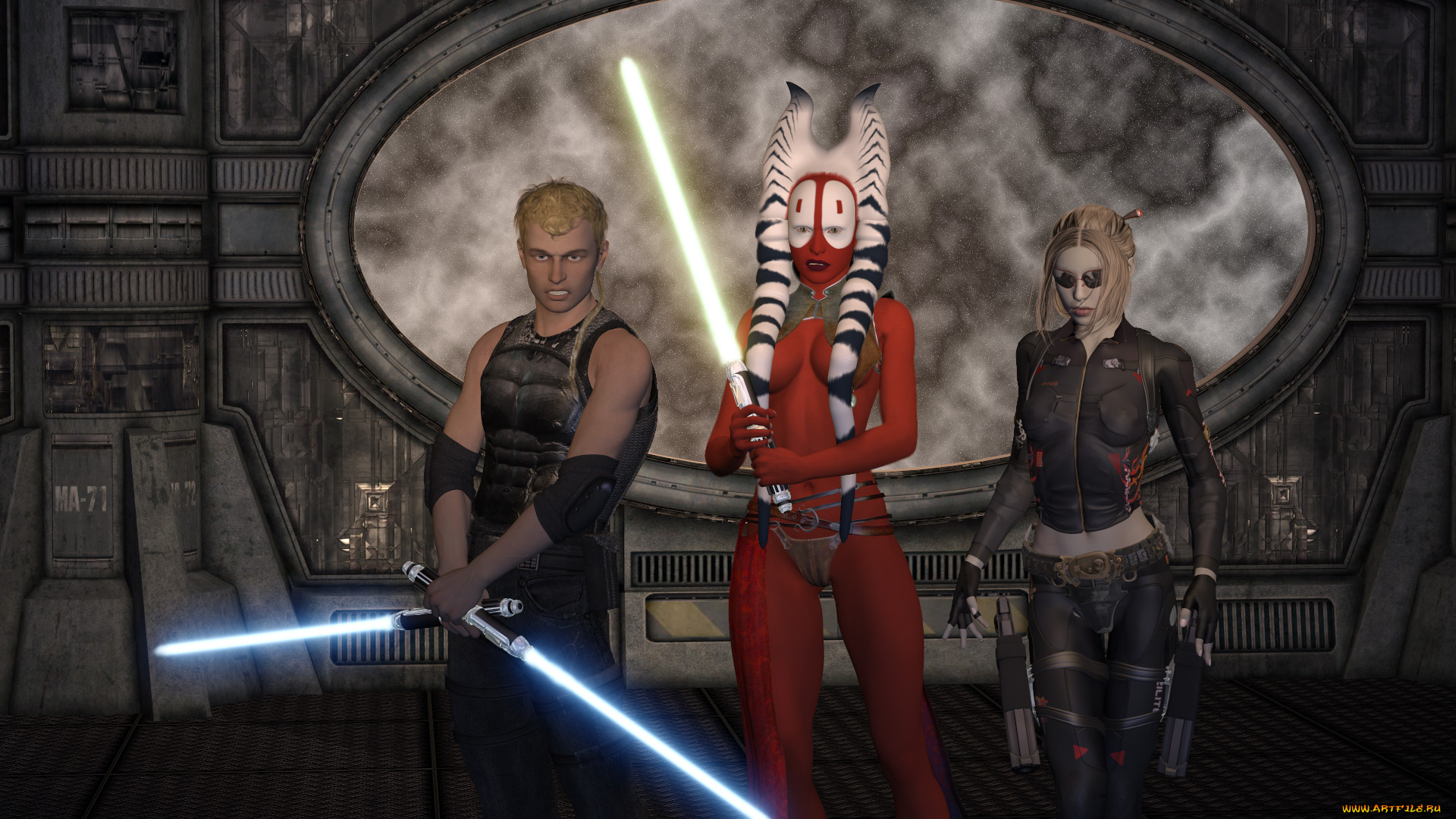 3д, графика, fantasy, , фантазия, существо, оружие, мужчина, взгляд, девушка