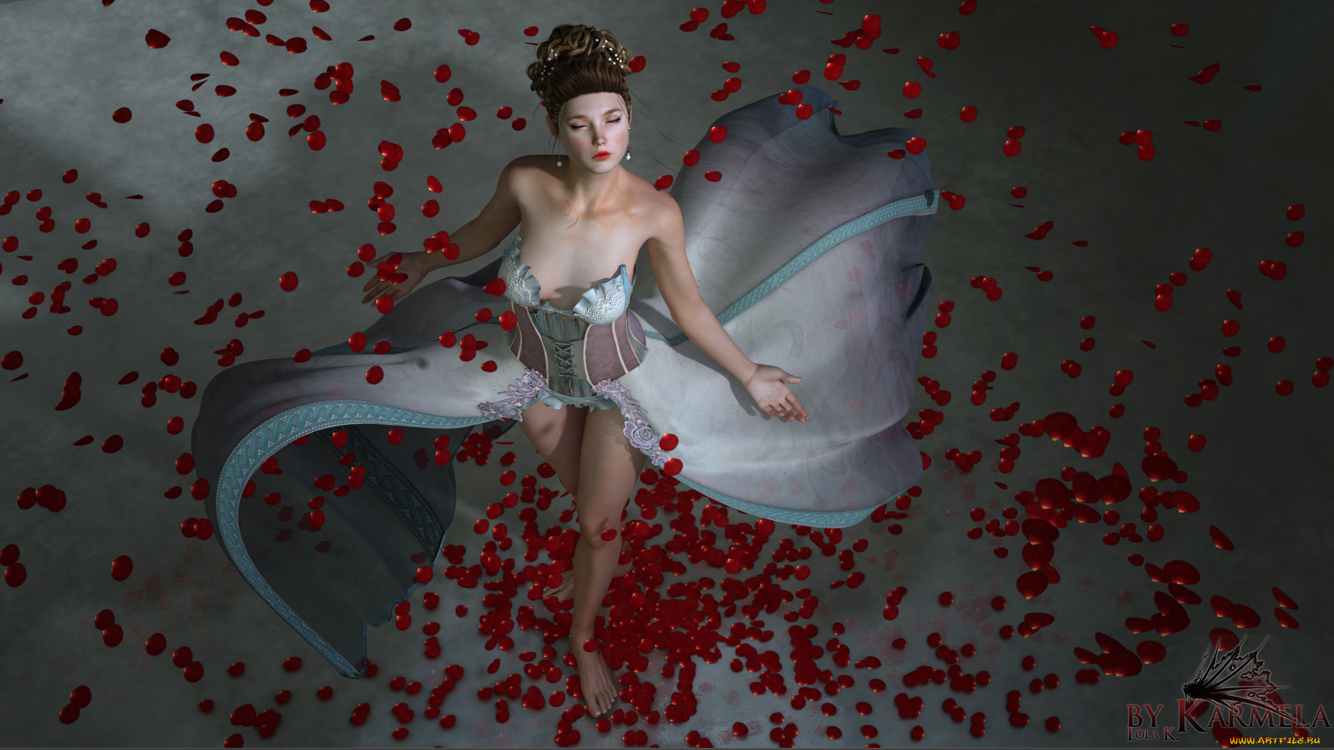 3д, графика, people, , люди, лепестки, платье, девушка