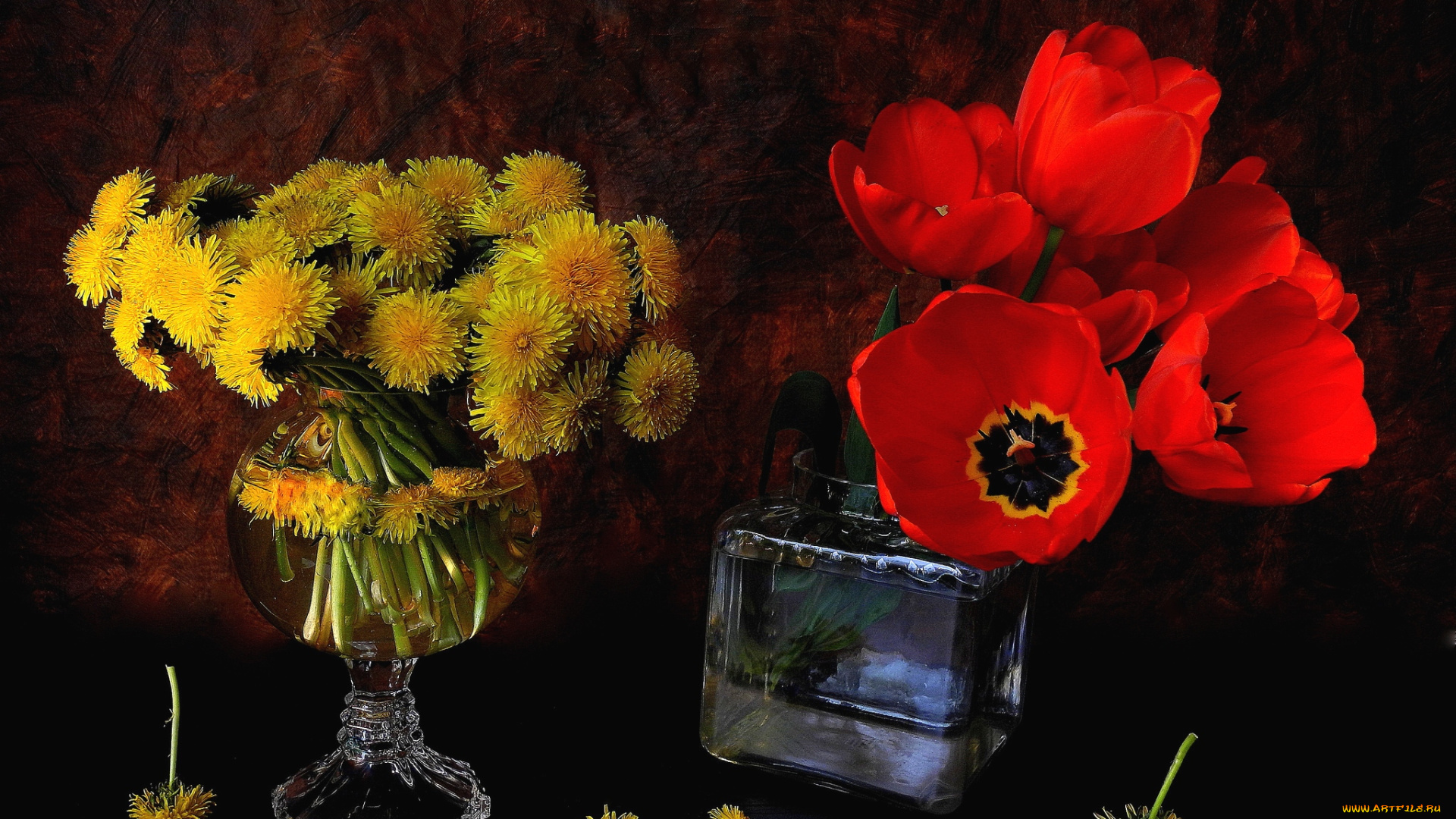 цветы, разные, вместе, тюльпаны, одуванчики